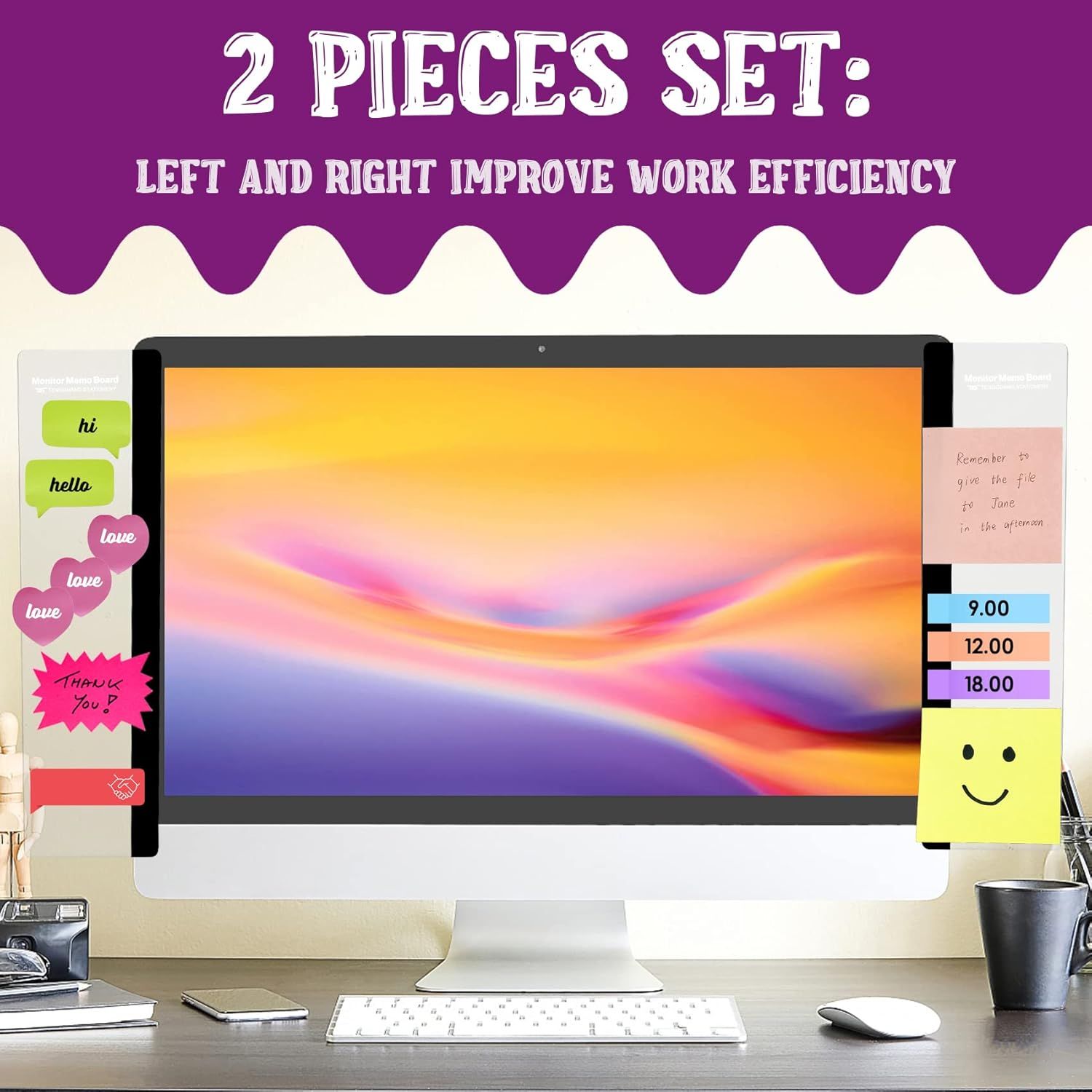 Shows the customer that they receive two monitor boards (left and right) to organize sticky notes and improve workspace efficiency. Communicates that the product helps improve work efficiency by…