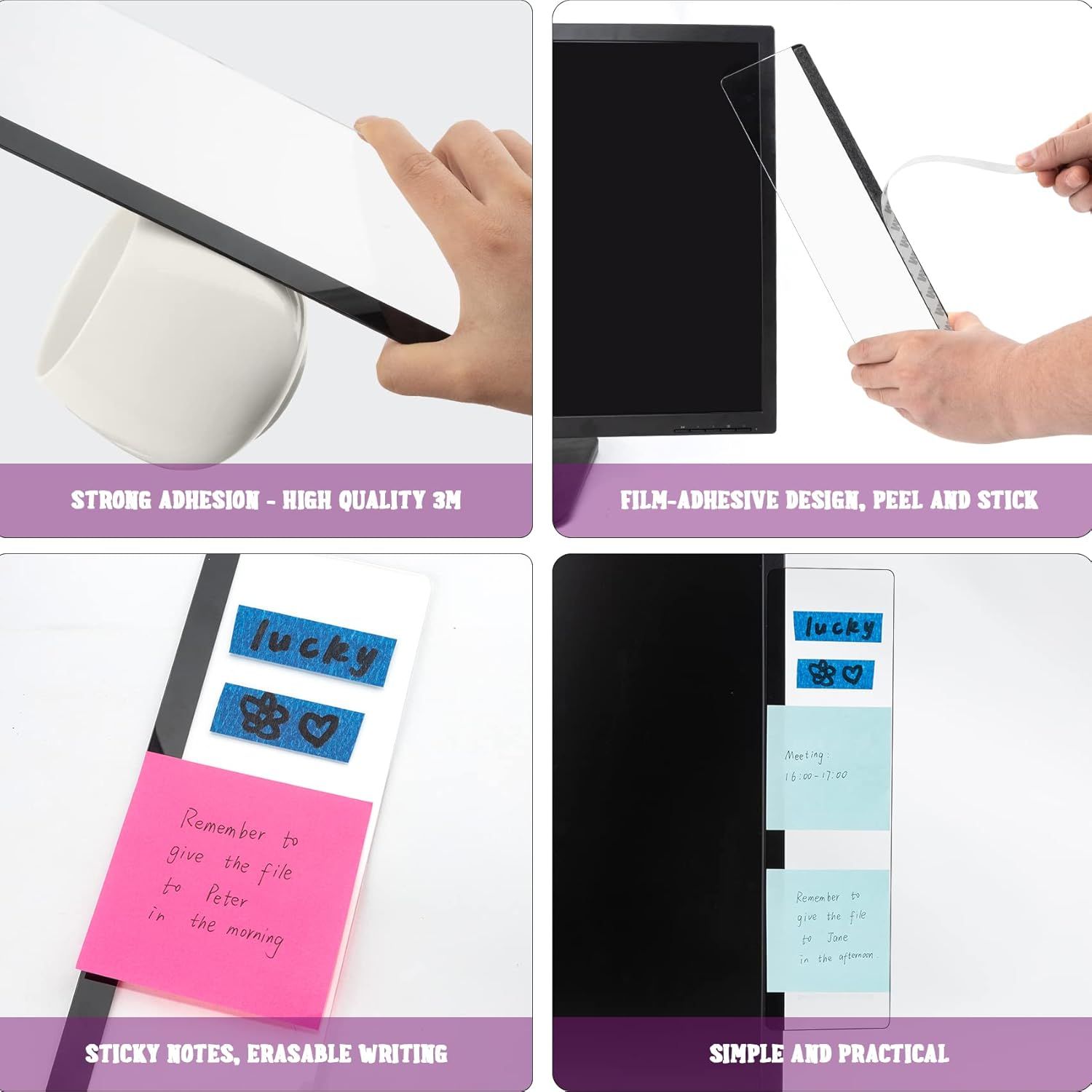 Demonstrates multiple distinct benefits of the screen protector or monitor accessory: strong 3M adhesive quality, peel-and-stick application, compatibility with sticky notes and erasable writing,…