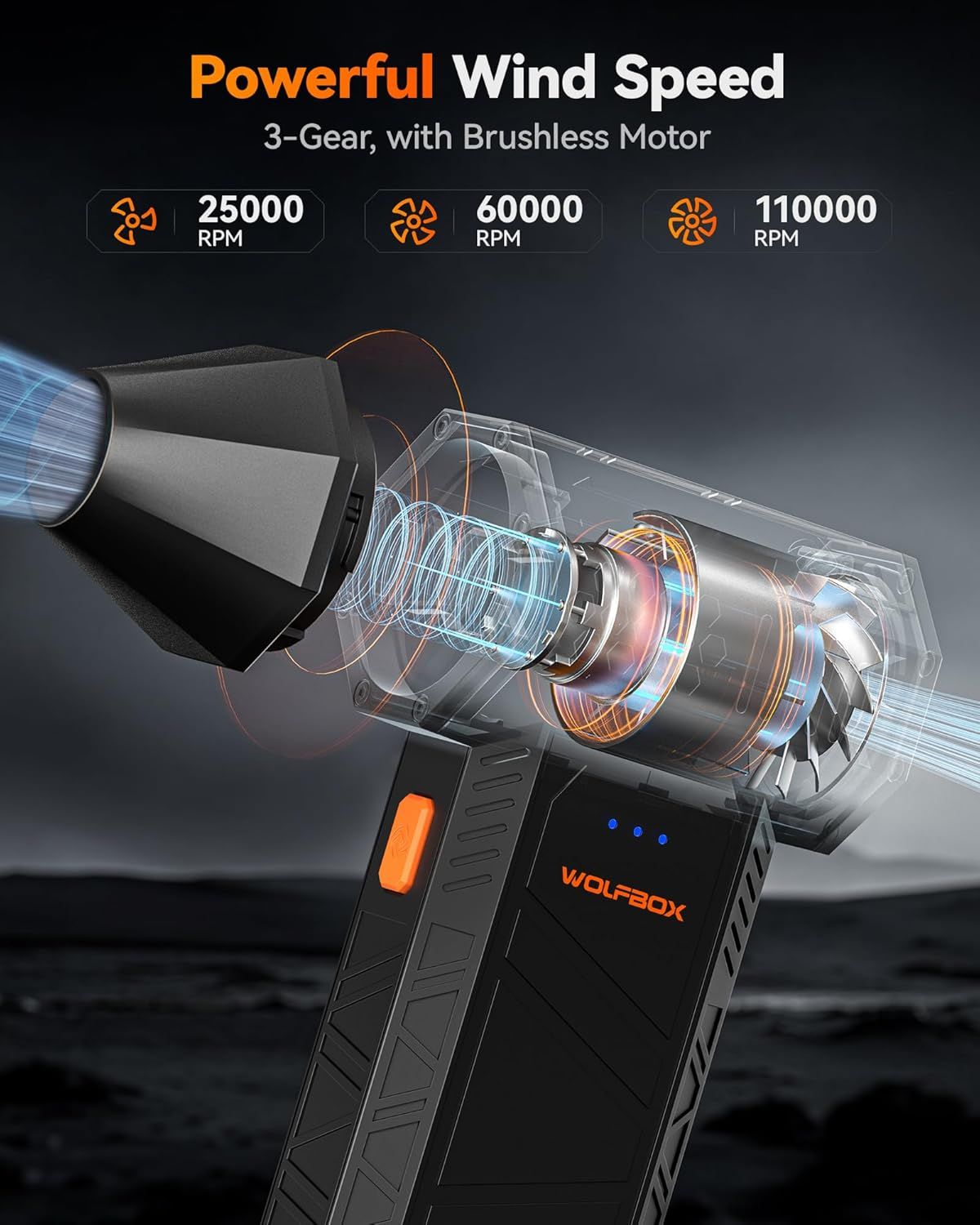 This image uses a transparent cutaway view to showcase the internal motor and mechanical components of the product, highlighting the advanced brushless motor technology and 3-gear system that…