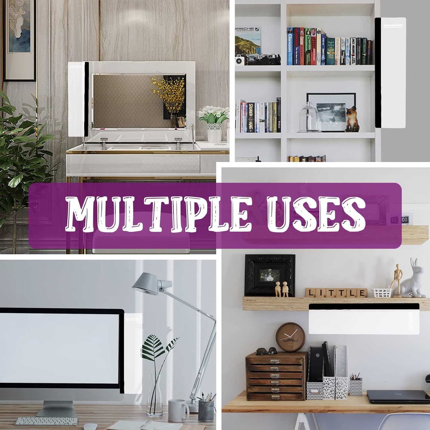 Demonstrates the product's versatility by showing it used in multiple room settings and configurations (TV stand, bookshelf, office desk setup) to reassure shoppers it can adapt to different spaces…