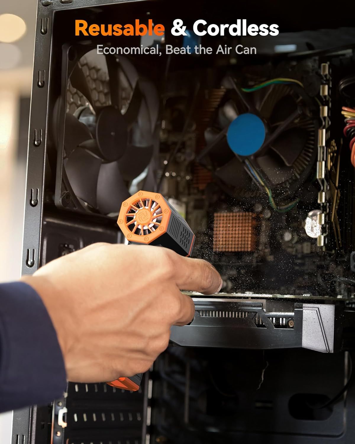 Highlights that the product is reusable and cordless, positioning it as an economical alternative to disposable air cans for cleaning computer components.