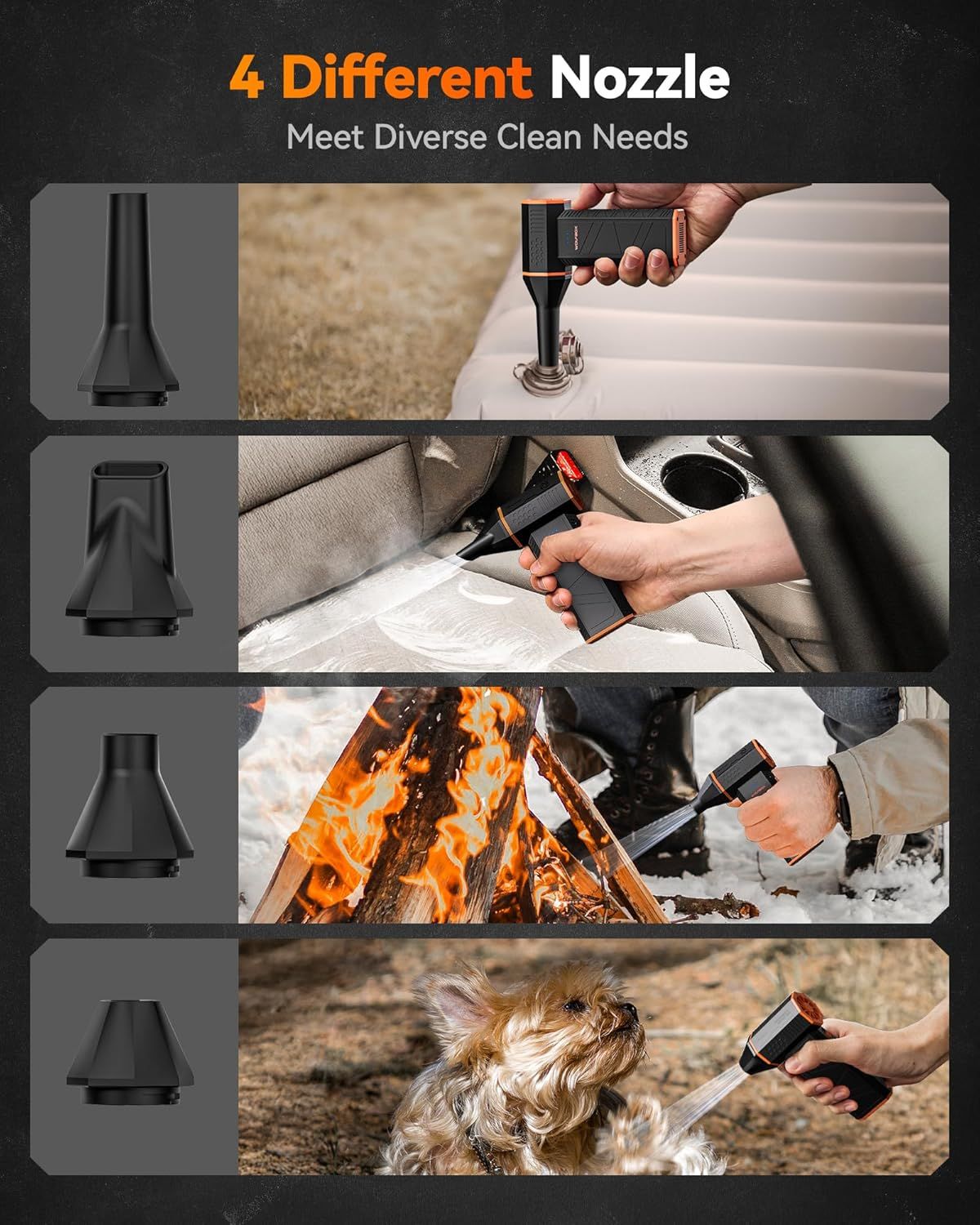 Demonstrates the product's versatility by showing four different nozzle attachments used in various cleaning scenarios (inflatable mattress, car interior, campfire, pet washing), reassuring shoppers…
