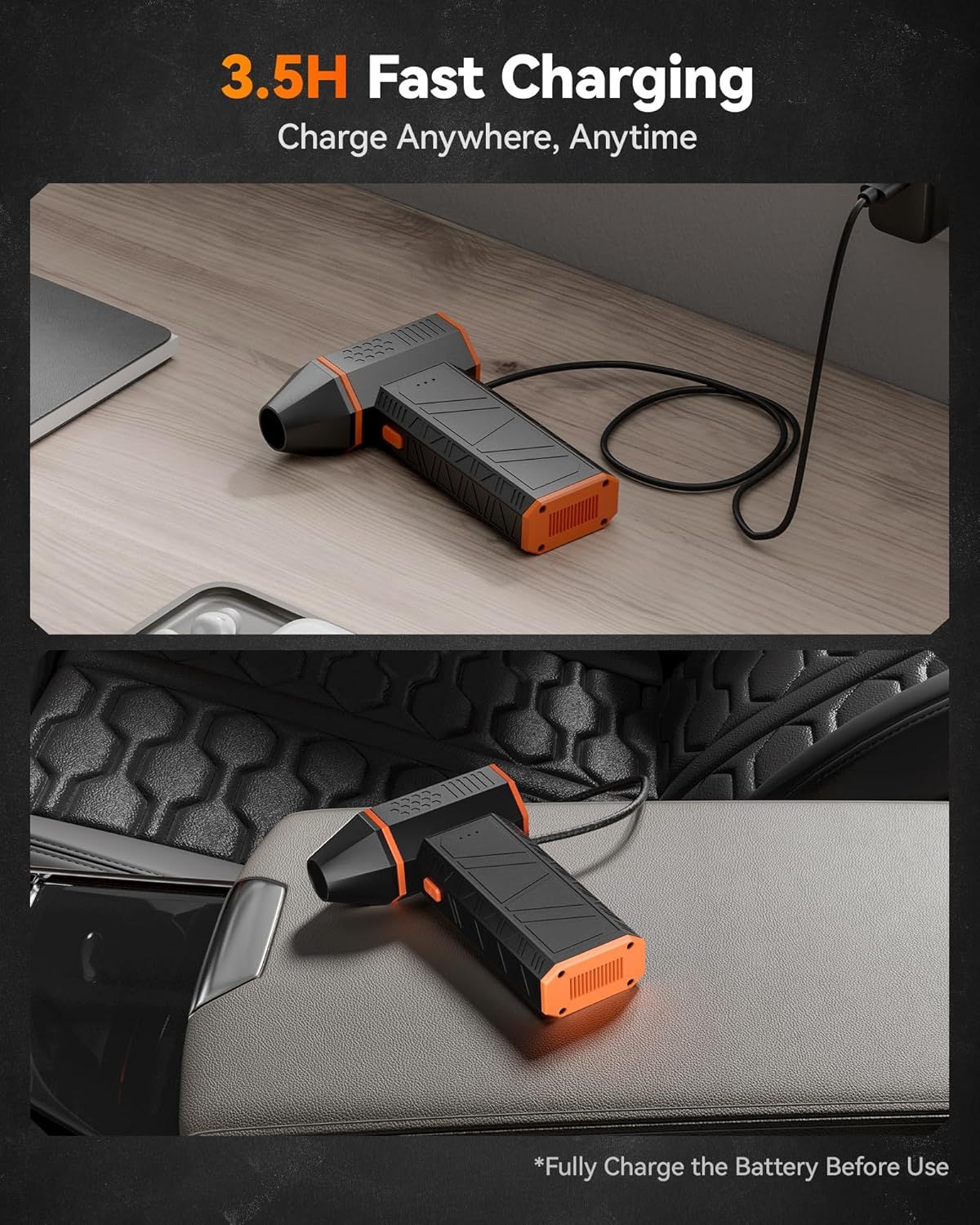 Communicates the fast charging capability of the product, emphasizing that it can be fully charged in 3.5 hours and used anywhere, anytime, providing convenience and quick turnaround for users.…
