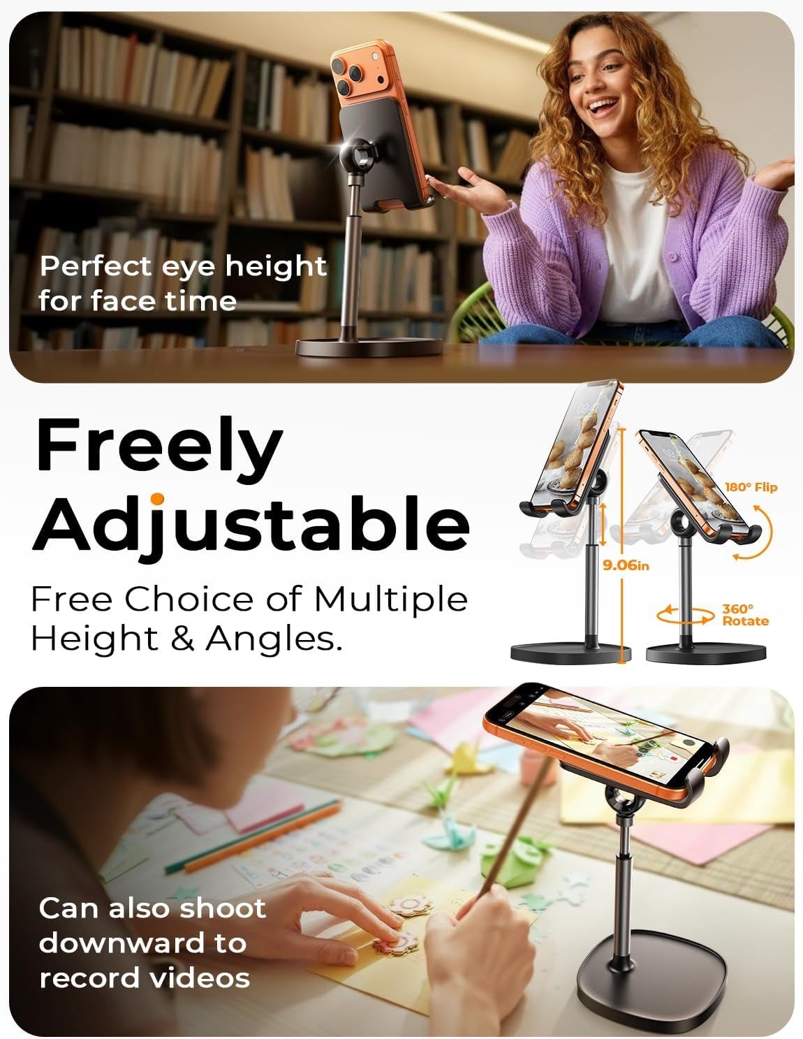 Demonstrates the phone stand's versatility across multiple real-world scenarios—video calls, overhead recording, and adjustable positioning—to show shoppers how the product fits different needs.…