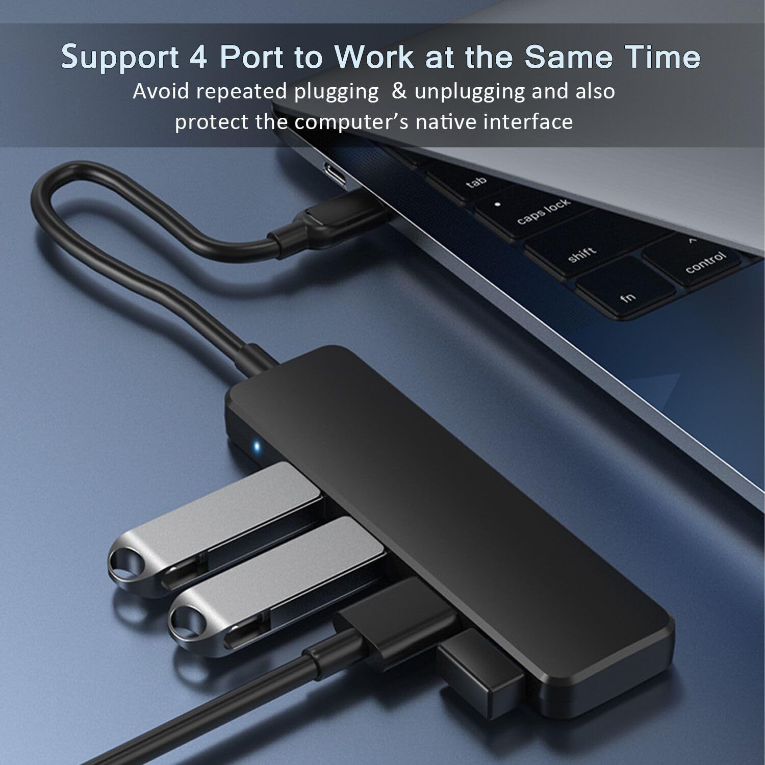 Communicates that the USB hub supports 4 ports working simultaneously, avoiding repeated plugging/unplugging and protecting the computer's native interface.