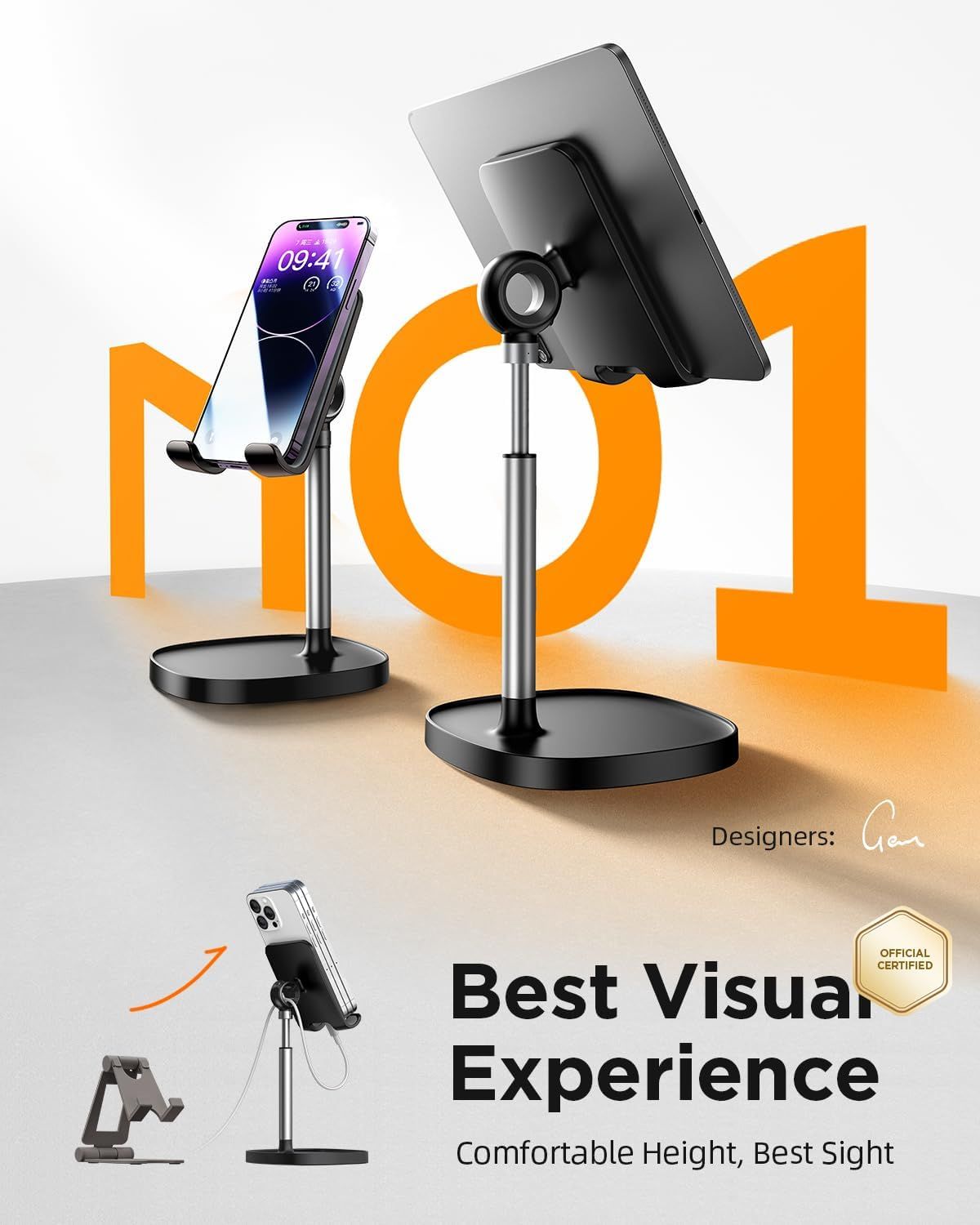 Demonstrates that the stand works with multiple device types (phones and tablets), showing versatility and broad compatibility to reassure shoppers it will work with their devices. Highlights the…