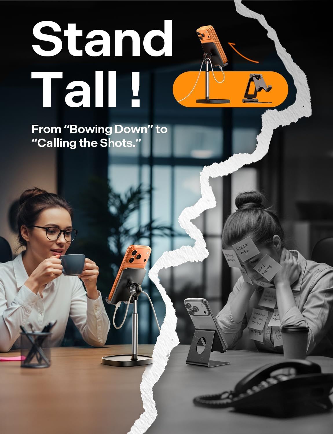 Demonstrates the transformation from poor posture (bowing down to view phone) to proper ergonomic positioning (standing tall with elevated phone stand), emphasizing the health and comfort benefits…