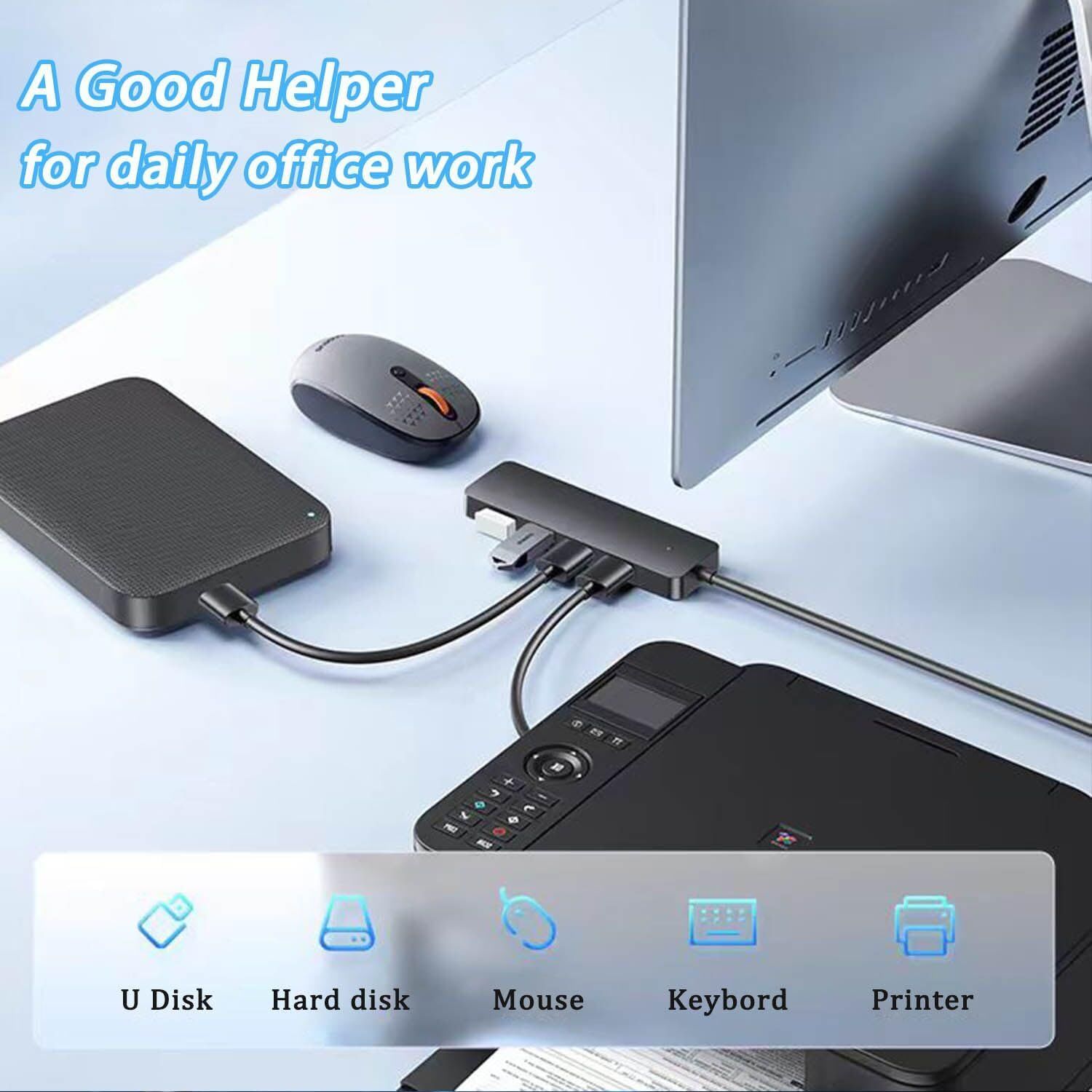 Demonstrates the USB hub's versatility by showing it can connect multiple office peripherals (U Disk, Hard disk, Mouse, Keyboard, Printer) simultaneously, reassuring shoppers it's a comprehensive…
