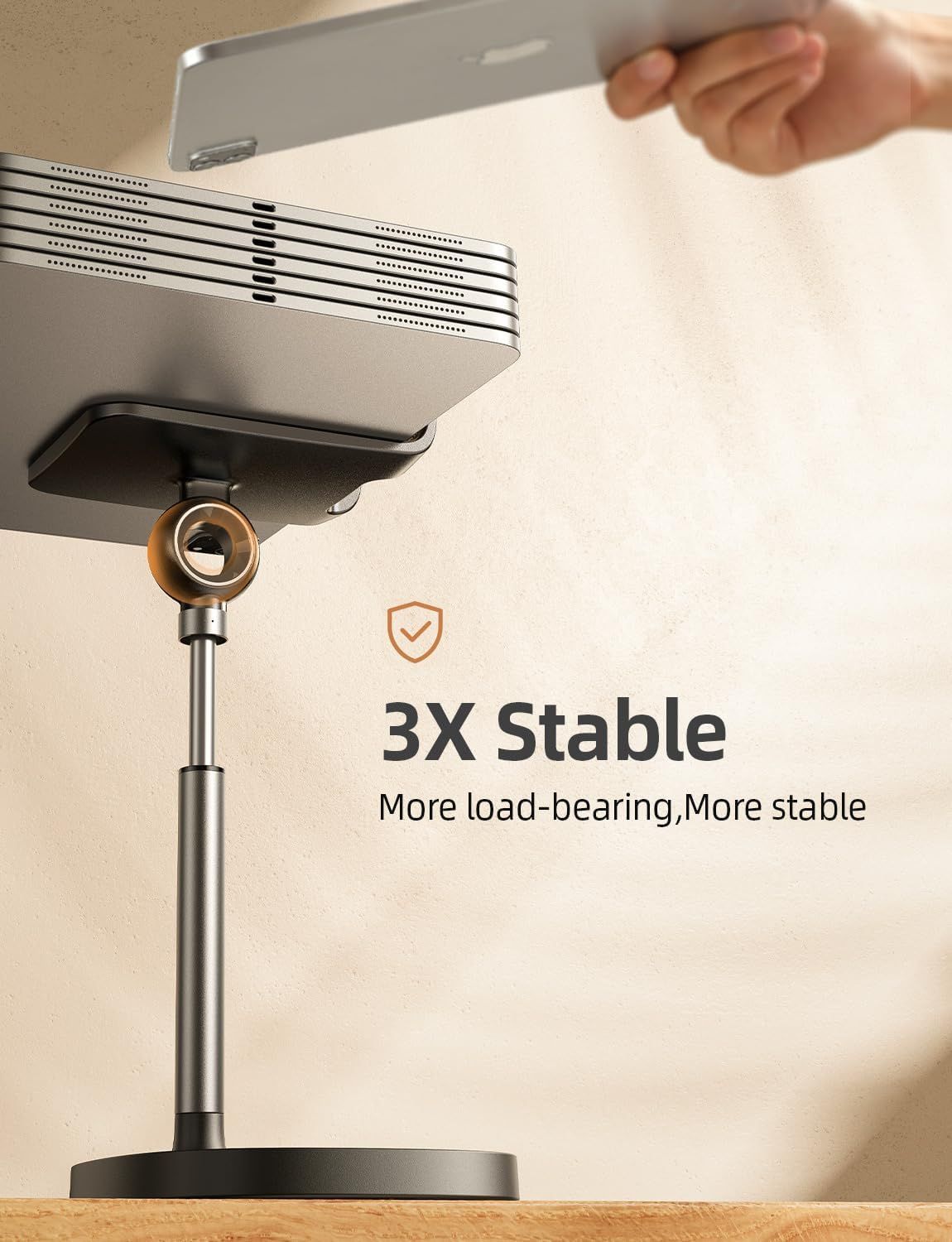 Communicates a quantifiable performance claim that the stand provides 3 times more stability and load-bearing capacity, reassuring shoppers about the product's strength and reliability. Highlights…