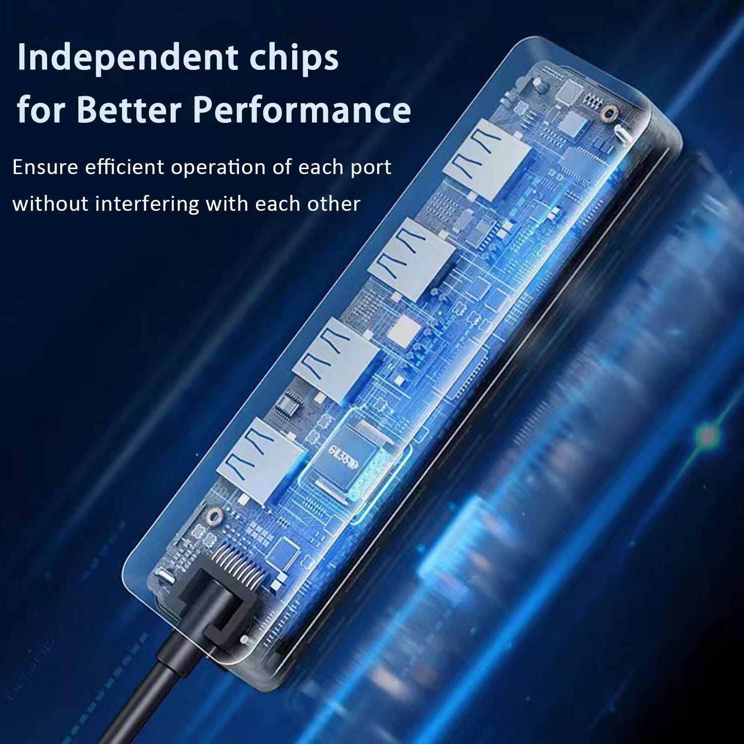 Communicates that the product uses independent chips for each port to ensure efficient operation without interference, highlighting superior performance and reliability.