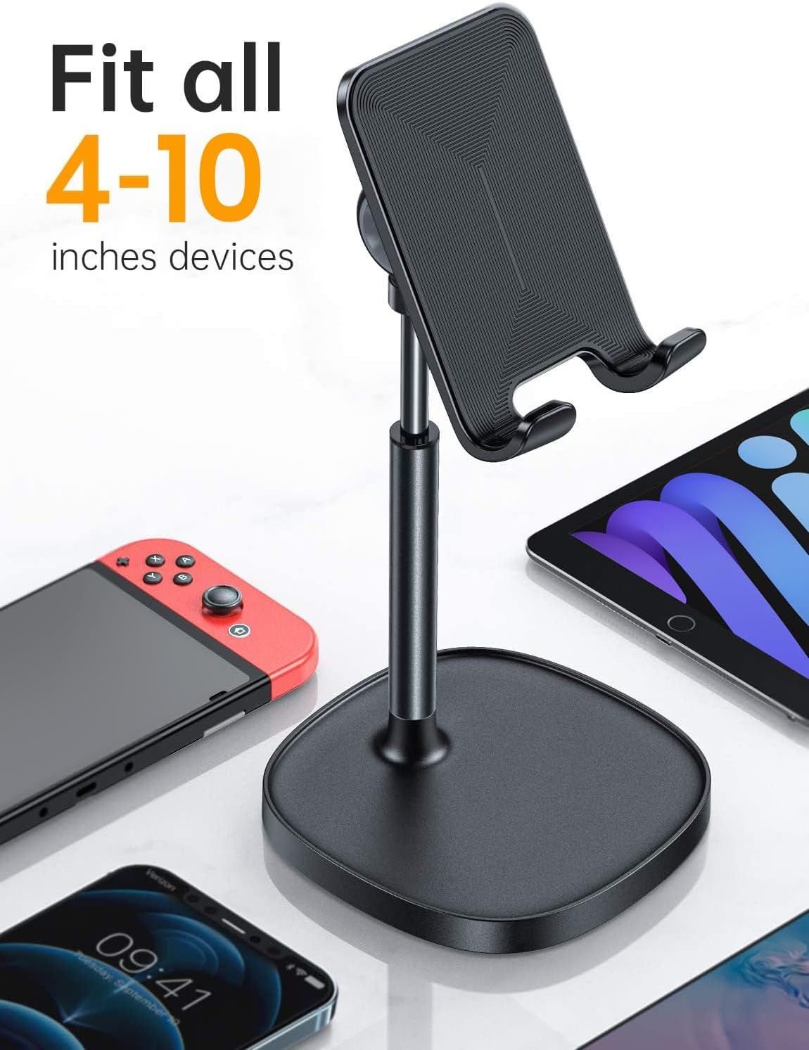 Demonstrates that the phone stand is compatible with multiple device types and sizes ranging from 4-10 inches, including smartphones, tablets, and gaming devices.