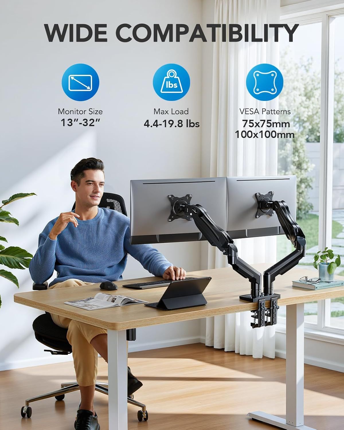 Communicates the product's compatibility specifications to reassure shoppers that the monitor mount will work with their specific monitor size, weight, and VESA mounting pattern.