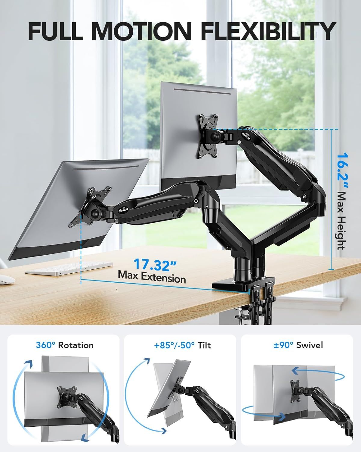 Demonstrates the comprehensive adjustability and flexibility of the dual monitor mount system, showing multiple movement capabilities and dimensional specifications to reassure shoppers of its…