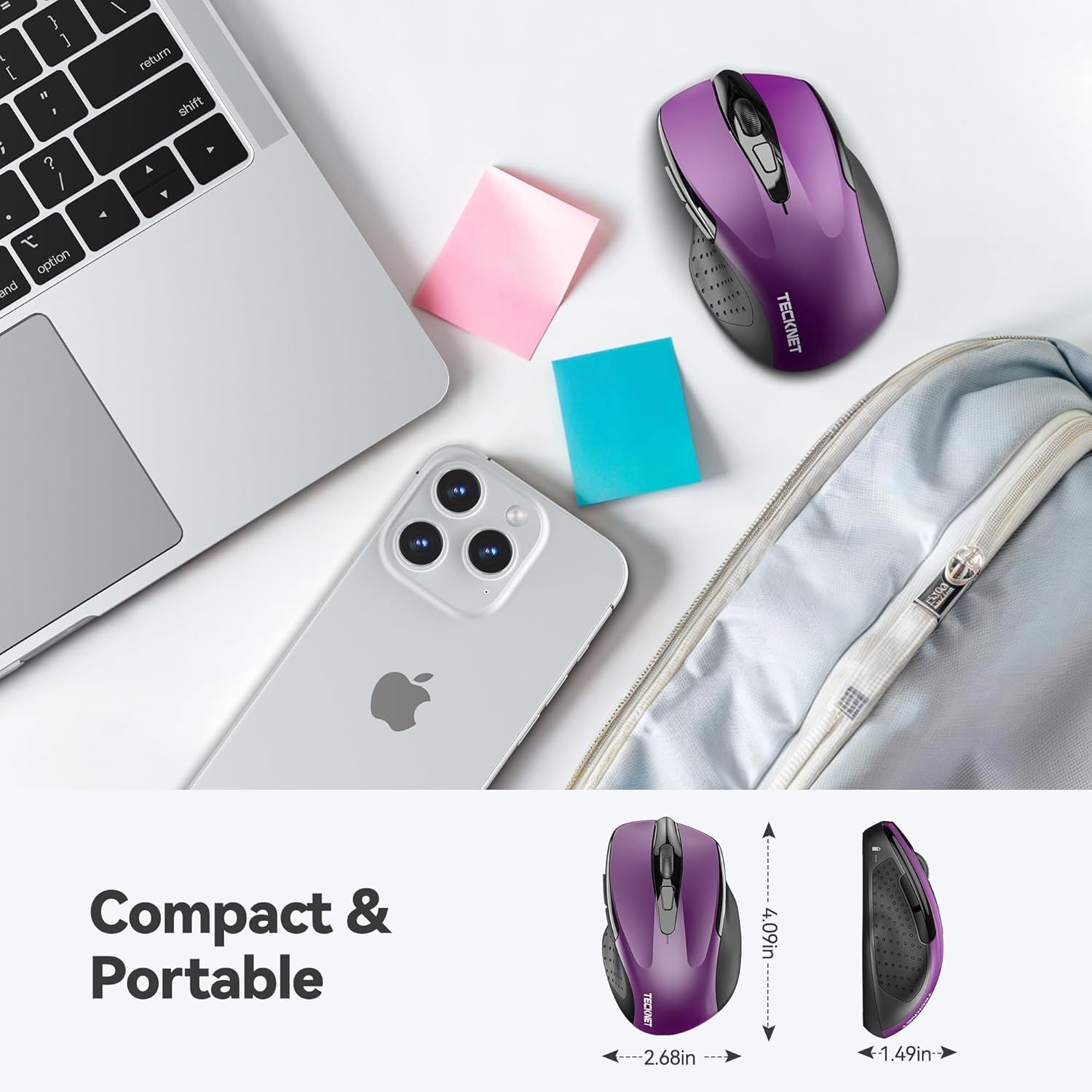 Communicates the physical dimensions of the mouse (4.09in x 2.68in x 1.49in) to help shoppers understand its compact, travel-friendly size and portability. Reinforces the key benefit that the mouse…
