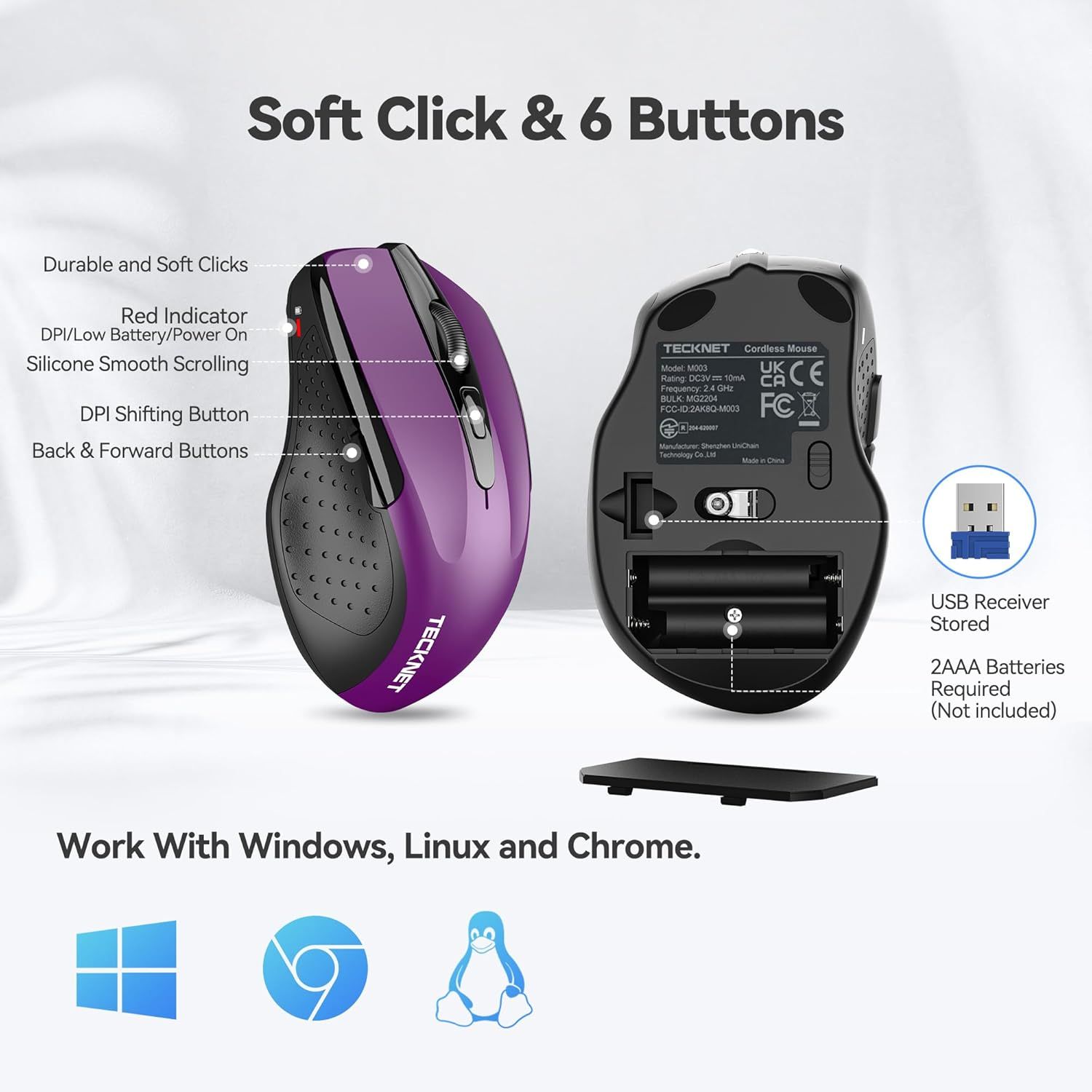 This image breaks down the physical components and features of the wireless mouse, showing shoppers exactly where each button and functional element is located and what it does. Reassures shoppers…