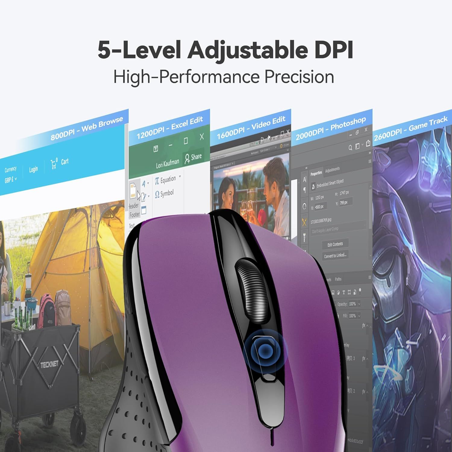 Demonstrates the mouse's versatility by showing five different DPI settings optimized for various applications (web browsing, Excel, video editing, Photoshop, and gaming), reassuring shoppers that…