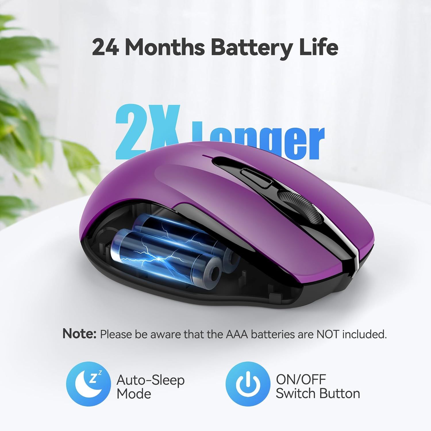 Communicates the exceptional battery longevity of the wireless mouse, emphasizing it lasts 24 months and is 2X longer than competitors to reassure shoppers about long-term convenience and reduced…