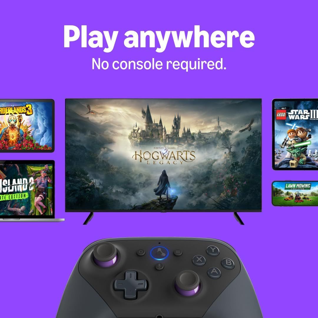 Communicates that the gaming service allows users to play games anywhere without needing a dedicated console, emphasizing convenience and accessibility across multiple devices.