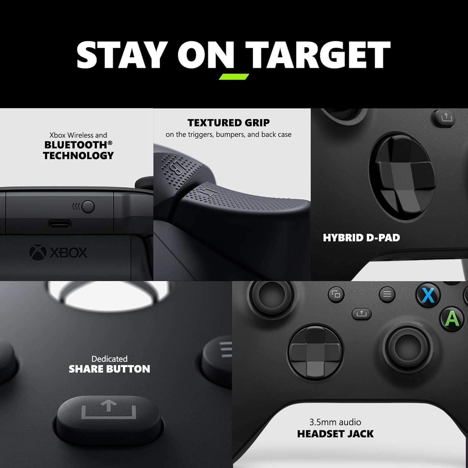 This image breaks down the Xbox controller's key physical components and features, helping shoppers understand the specific parts and functionality of the controller through labeled callouts.…