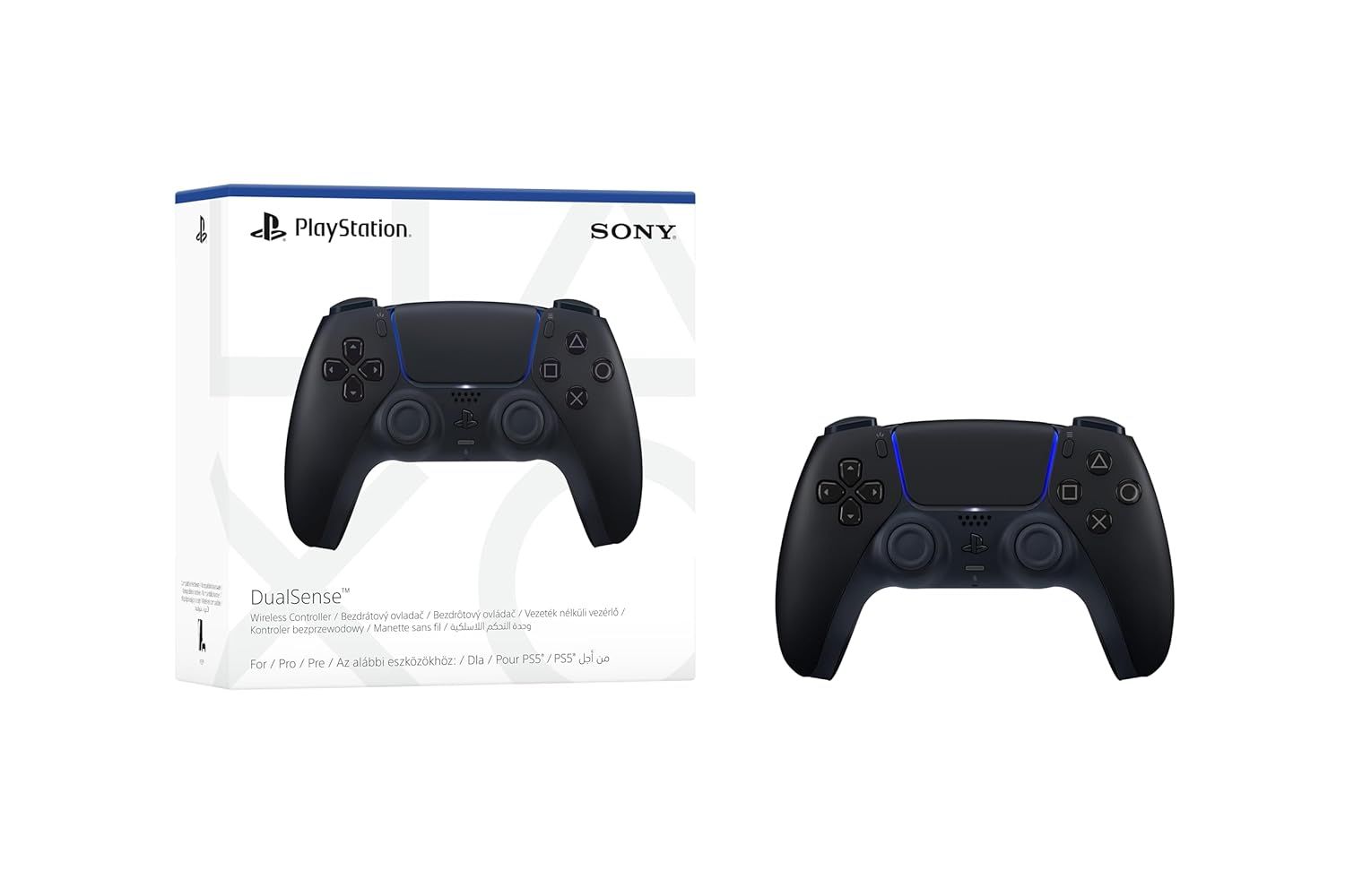 Shows the customer what they receive when purchasing: the PlayStation DualSense controller and its retail packaging, helping shoppers understand the complete purchase.