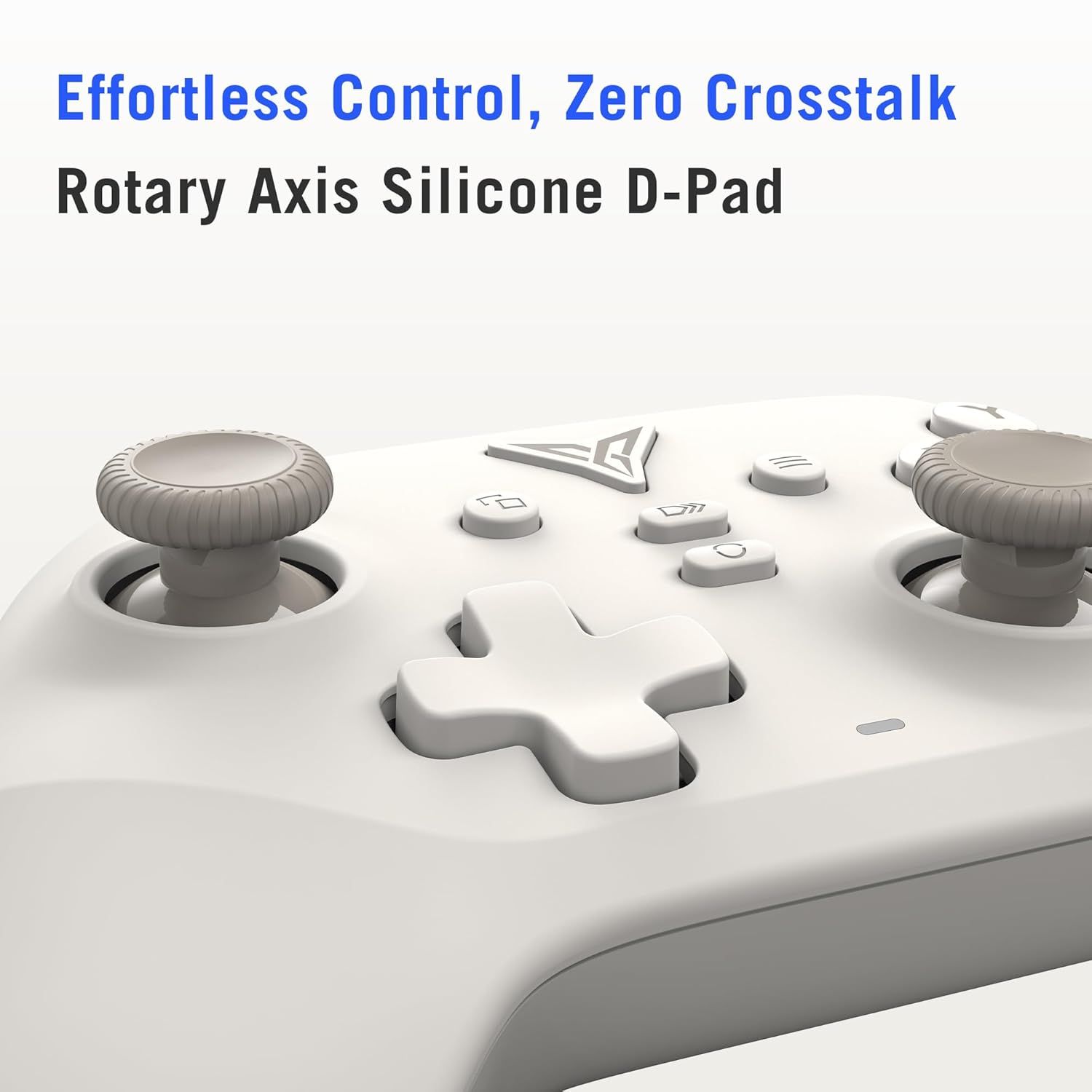 Communicates multiple technical benefits of the gaming controller's design, emphasizing precision control, no signal interference, and premium materials to appeal to serious gamers.