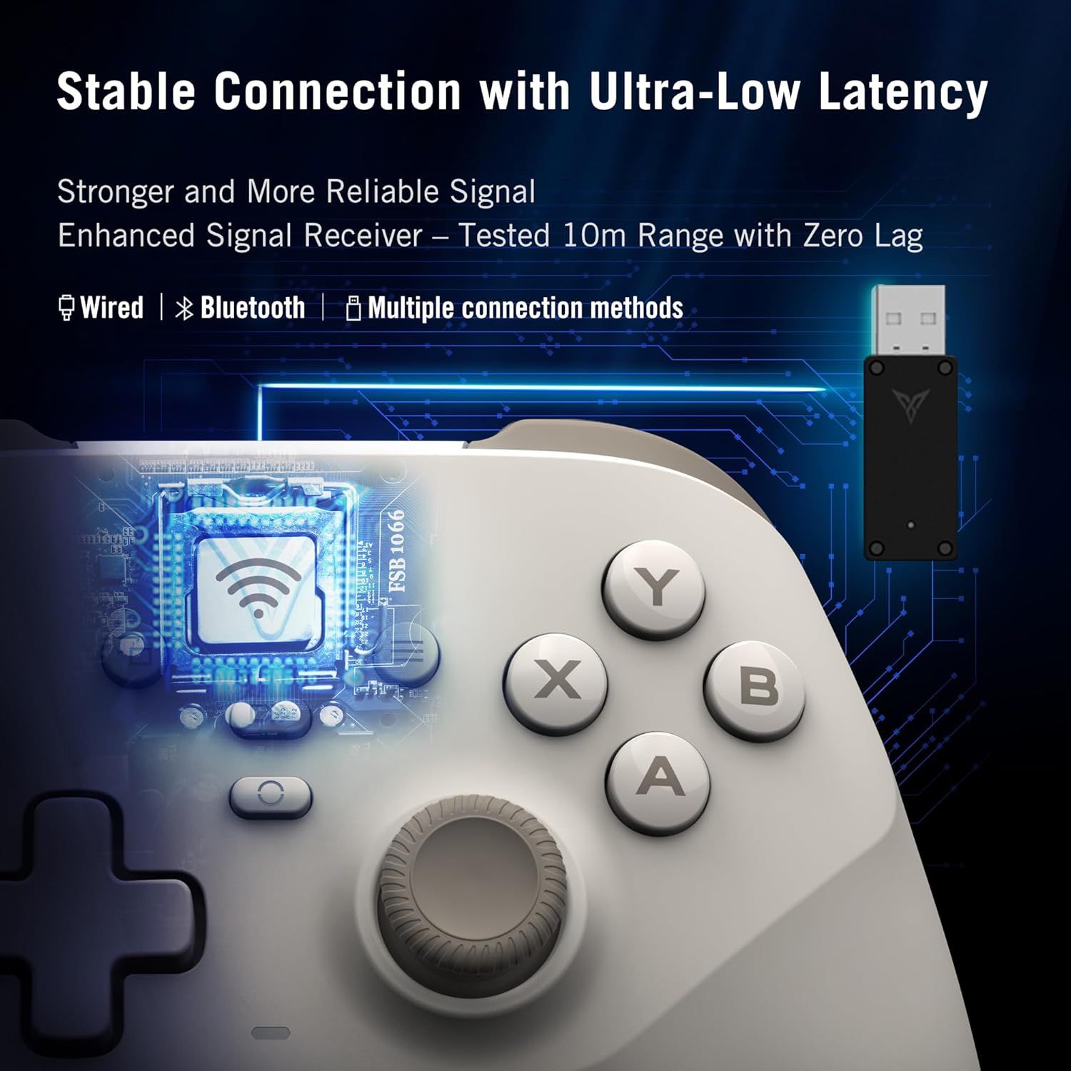 Communicates the gaming controller's superior connectivity performance with ultra-low latency and reliable signal strength, reassuring gamers of lag-free gameplay and multiple connection options.