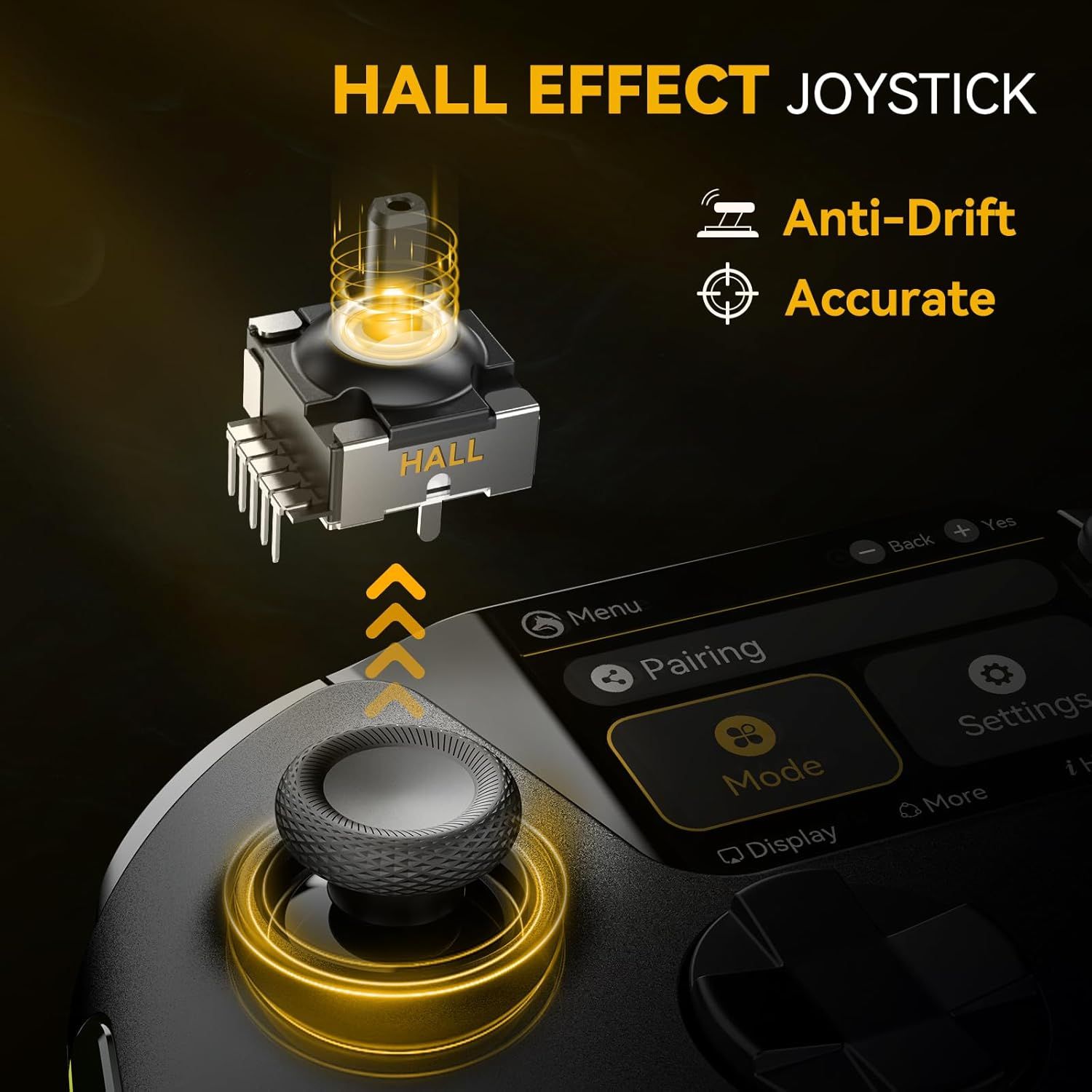 Explains the internal Hall Effect sensor technology that enables anti-drift and accurate joystick control, reassuring gamers about the product's precision and durability. Highlights two key benefits…