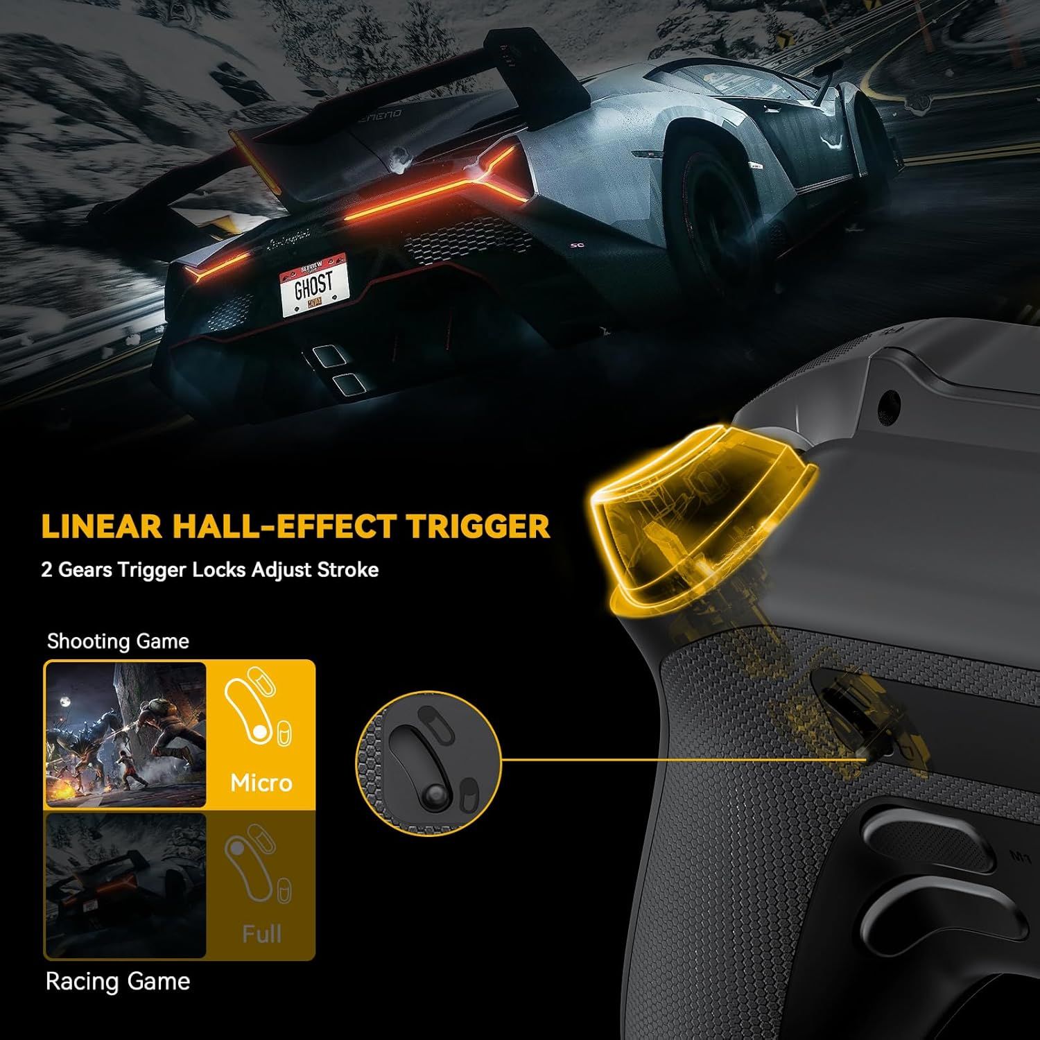 Highlights the technical trigger mechanism and its adjustable stroke feature, showing how the trigger works for different gaming scenarios (shooting vs racing). Demonstrates the product's…