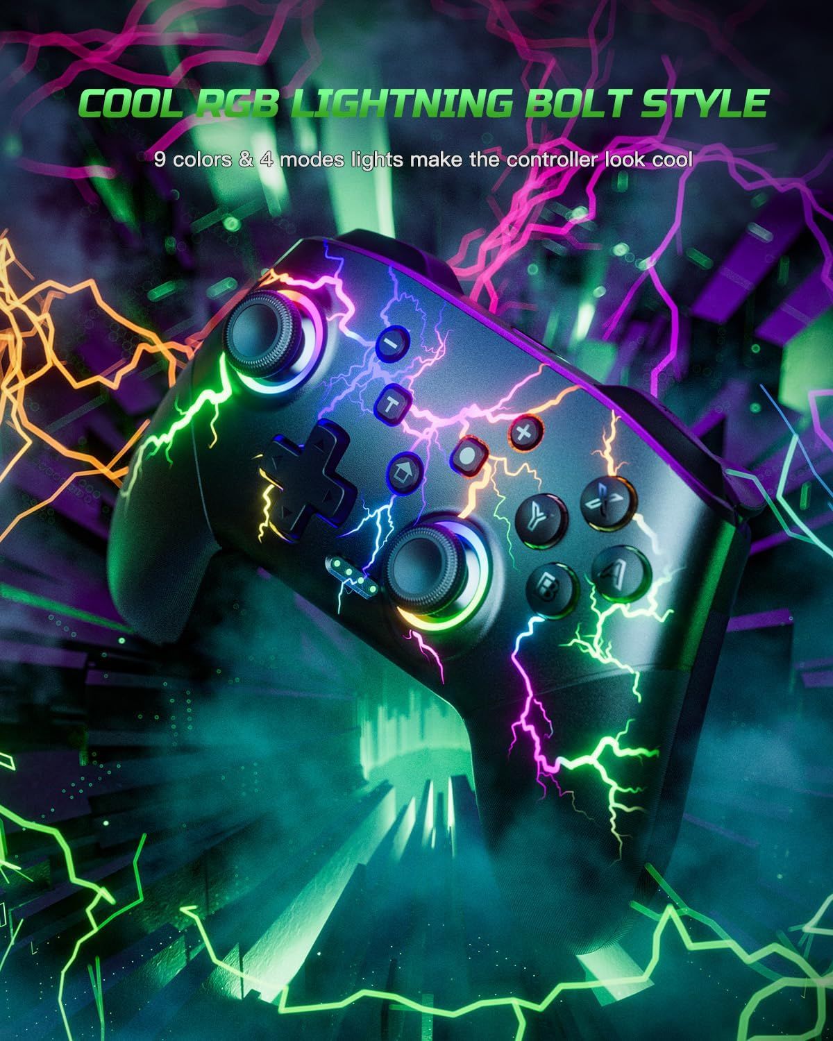 Highlights the gaming controller's cool RGB lighting feature with 9 colors and 4 modes to appeal to gamers looking for aesthetic customization and visual appeal.