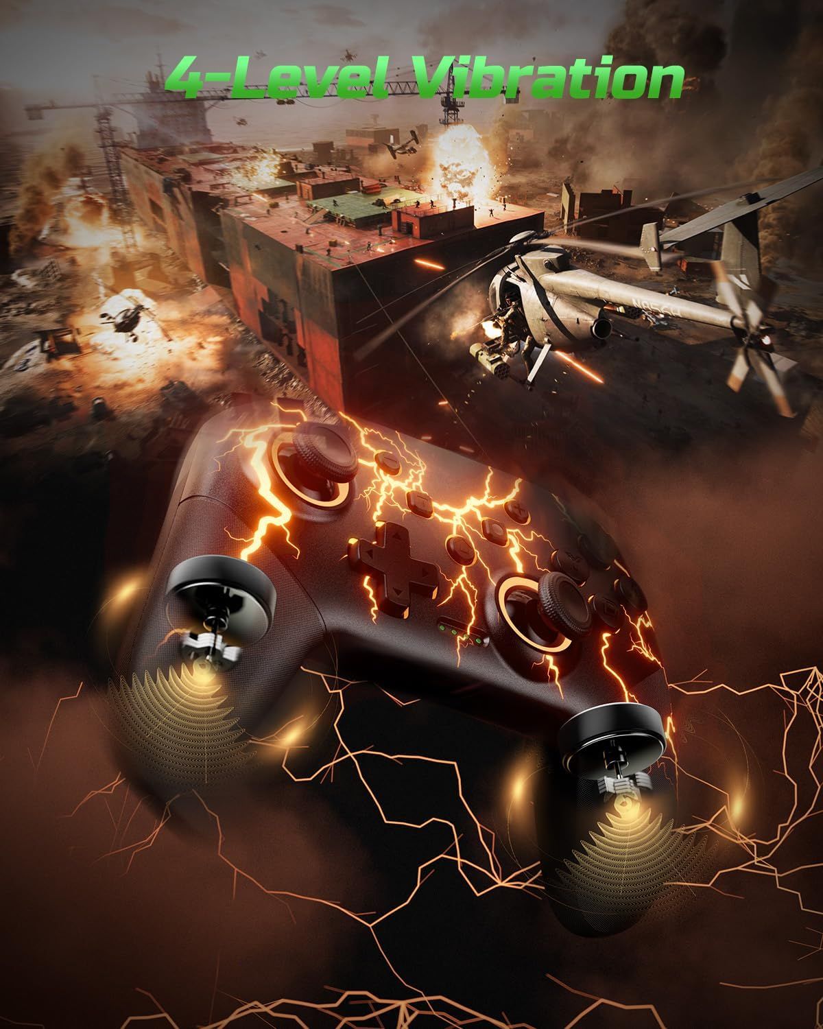 Highlights the gaming controller's advanced vibration technology to communicate immersive gameplay experience and responsive tactile feedback during action sequences.