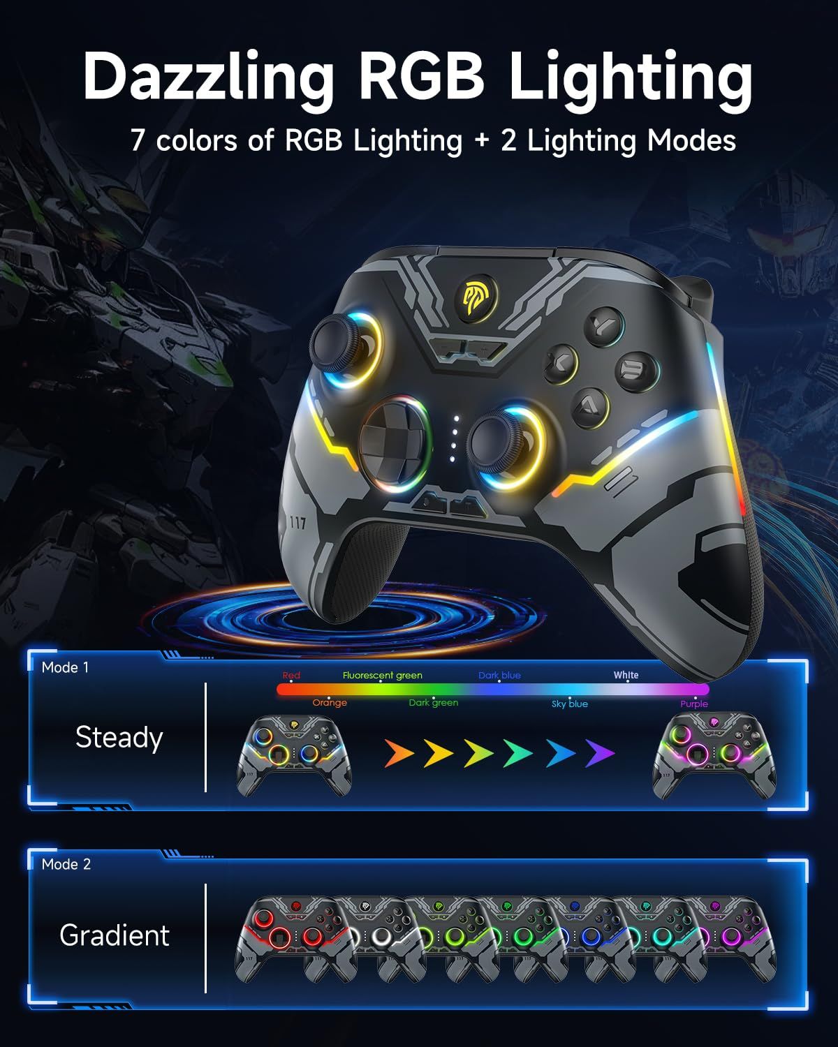 Highlights the gaming controller's customizable RGB lighting feature with 7 colors and 2 lighting modes (steady and gradient) to appeal to gamers seeking personalization and aesthetic appeal.