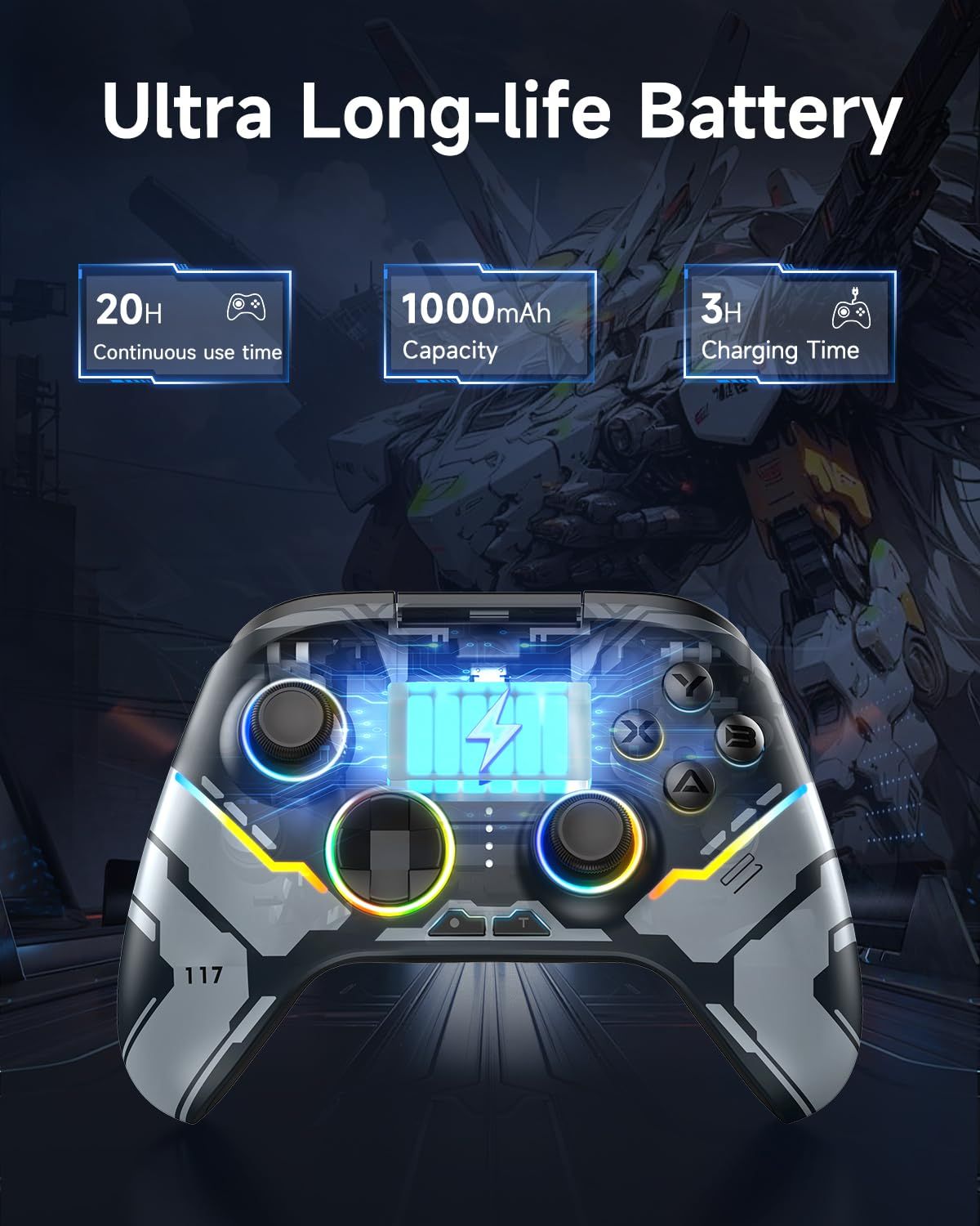 Communicates the gaming controller's superior battery performance through three distinct metrics: 20 hours continuous use, 1000mAh capacity, and 3-hour charging time, reassuring gamers of extended…