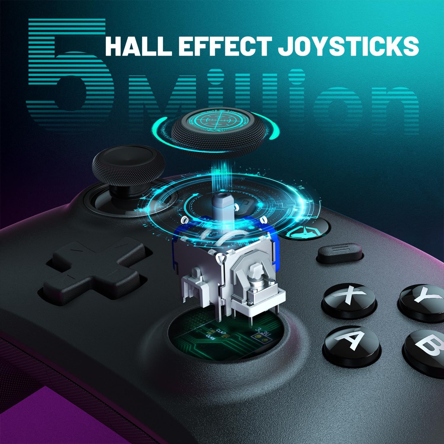 This image showcases the internal hall effect joystick mechanism to communicate advanced technology and precision engineering, reassuring gamers of superior performance and durability.