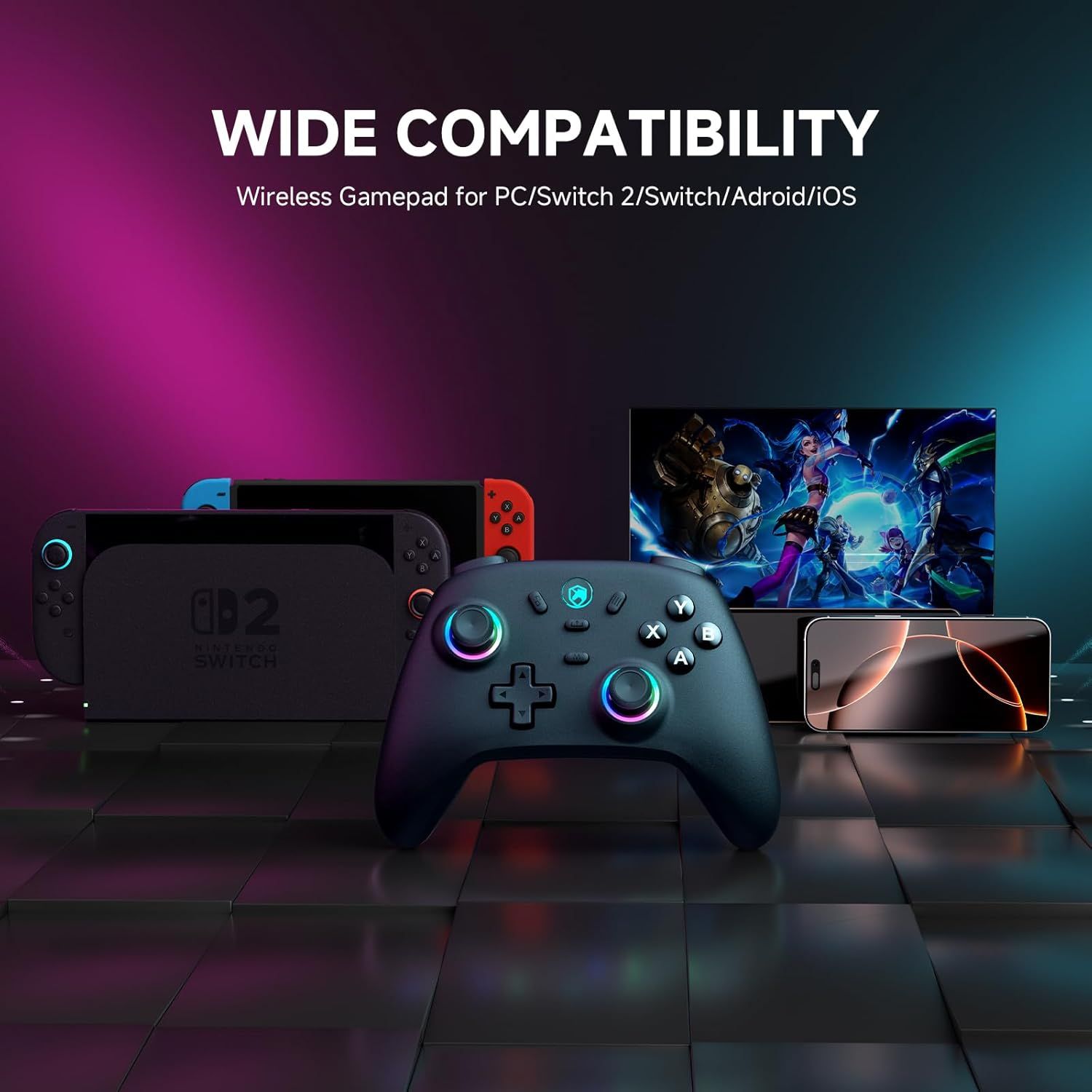 Demonstrates that the wireless gamepad works across multiple gaming platforms and devices (PC, Switch 2, Switch, Android, iOS), reassuring shoppers of its versatility and broad compatibility.