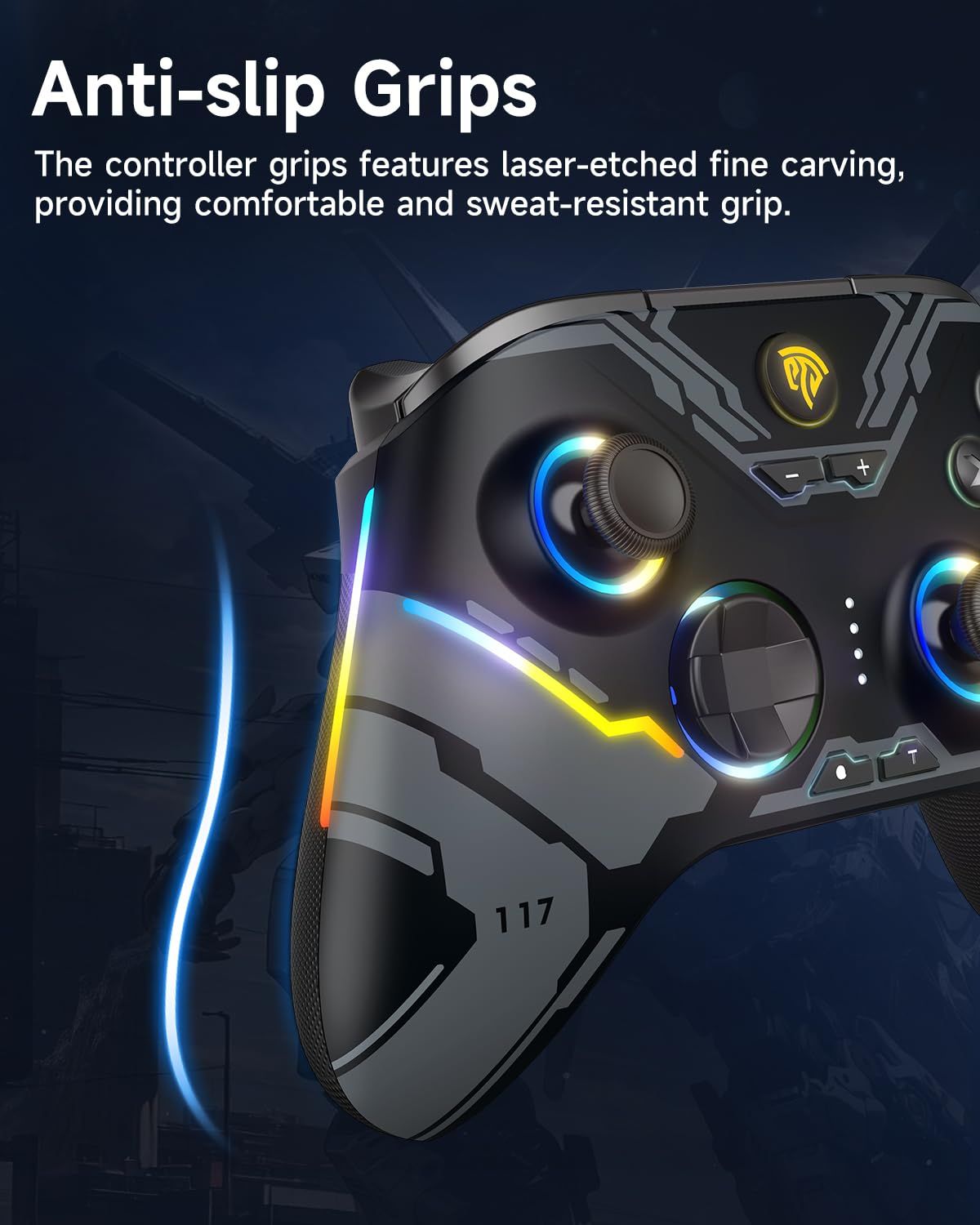 Highlights the controller's anti-slip grip feature with laser-etched carving to reassure gamers of comfortable, secure handling during extended play sessions.