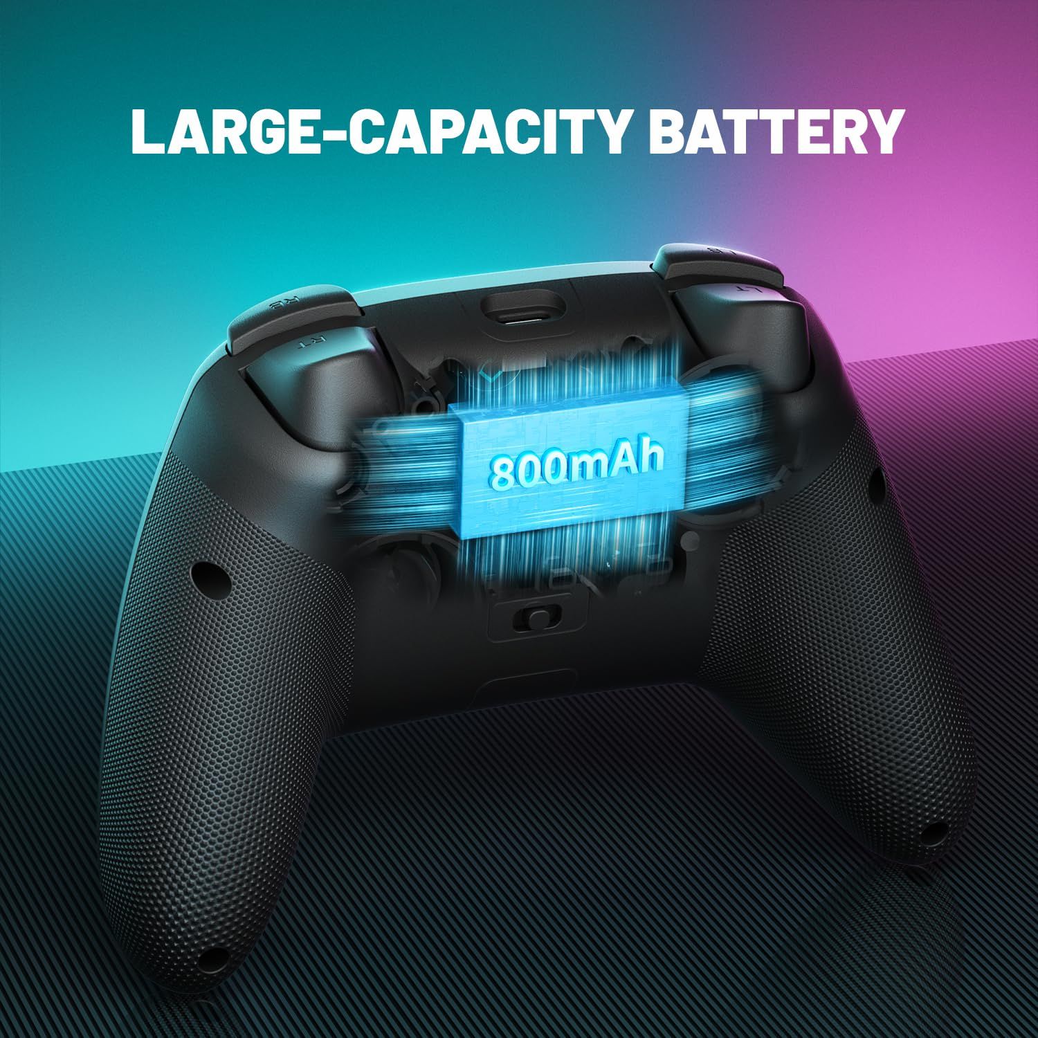Highlights the large 800mAh battery capacity to reassure gamers of extended playtime and reduced charging frequency. Communicates the key benefit of extended gaming sessions without interruption due…
