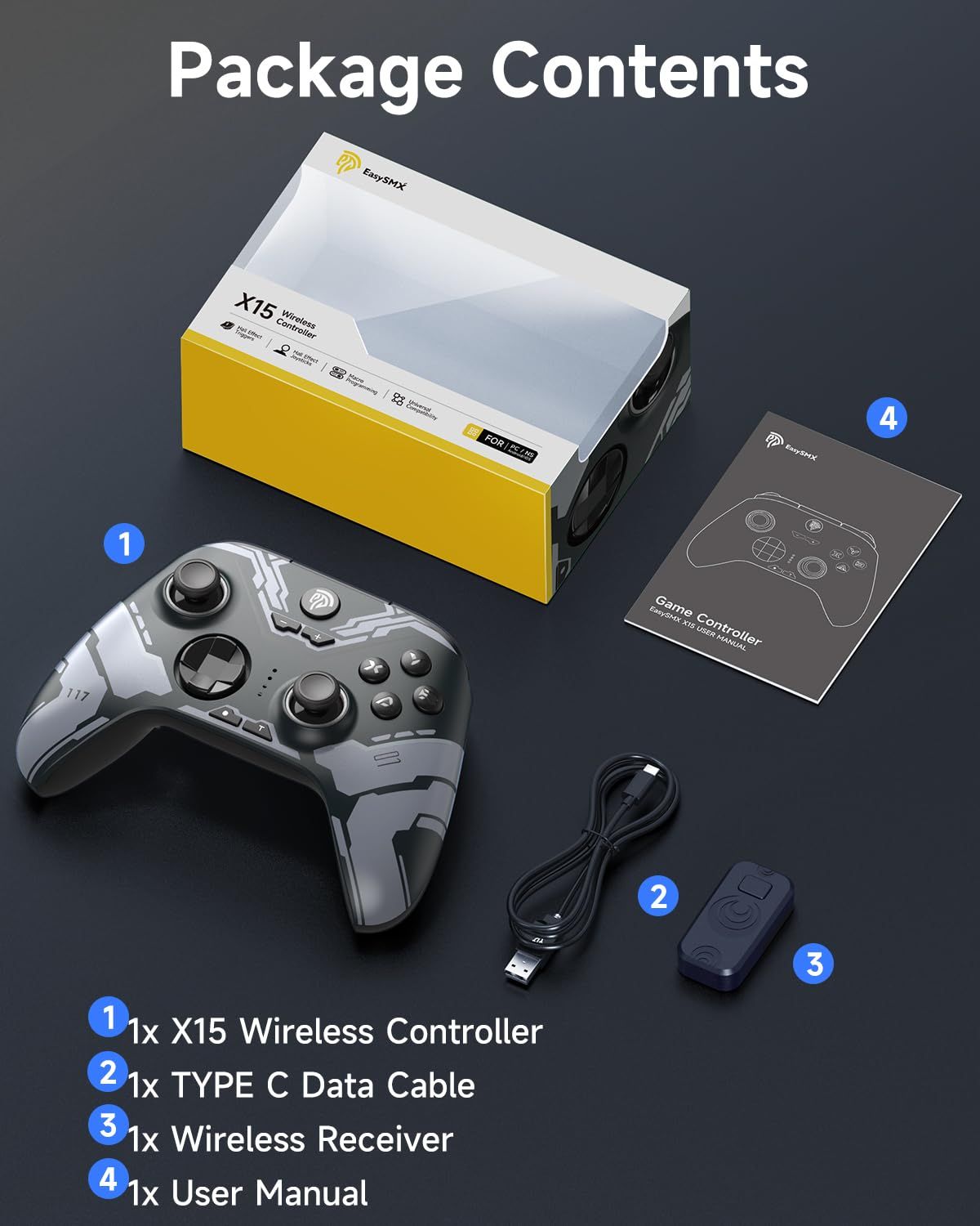 Shows the customer everything included in the box: the wireless game controller, charging cable, wireless receiver, and user manual to set clear expectations and demonstrate value.