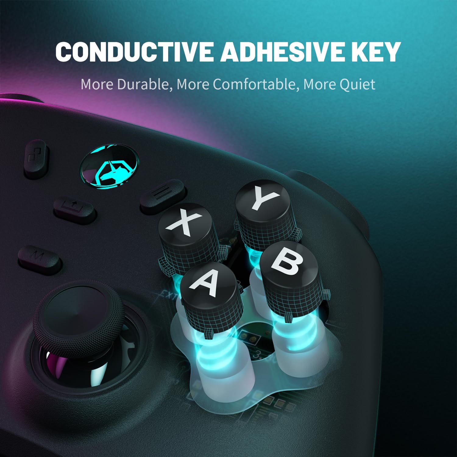 Highlights the internal conductive adhesive key mechanism of the gaming controller buttons to demonstrate the advanced technology that makes the buttons more durable, comfortable, and quiet.…