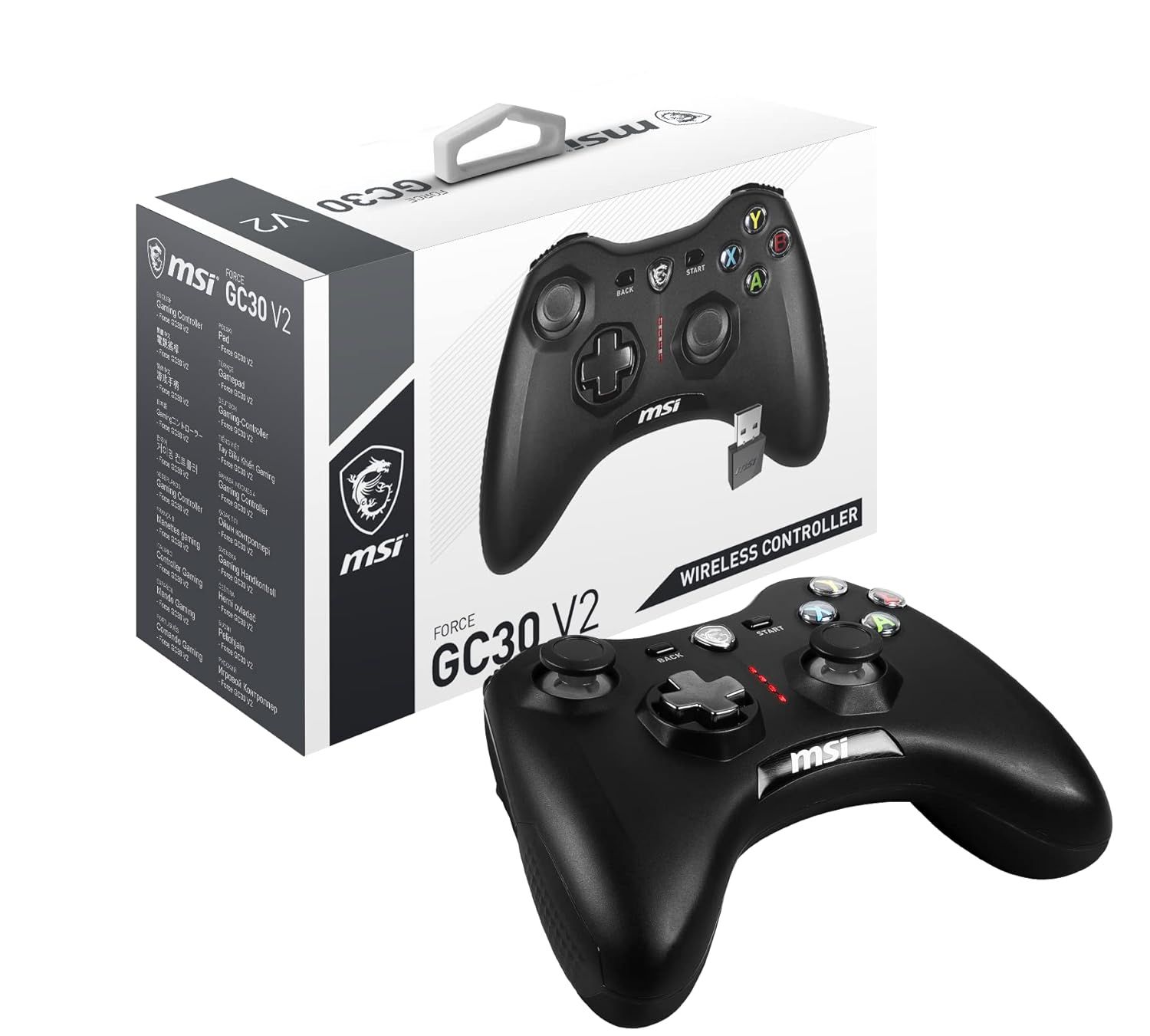 Shows the customer everything included in the package: the wireless gaming controller and the USB wireless receiver dongle.