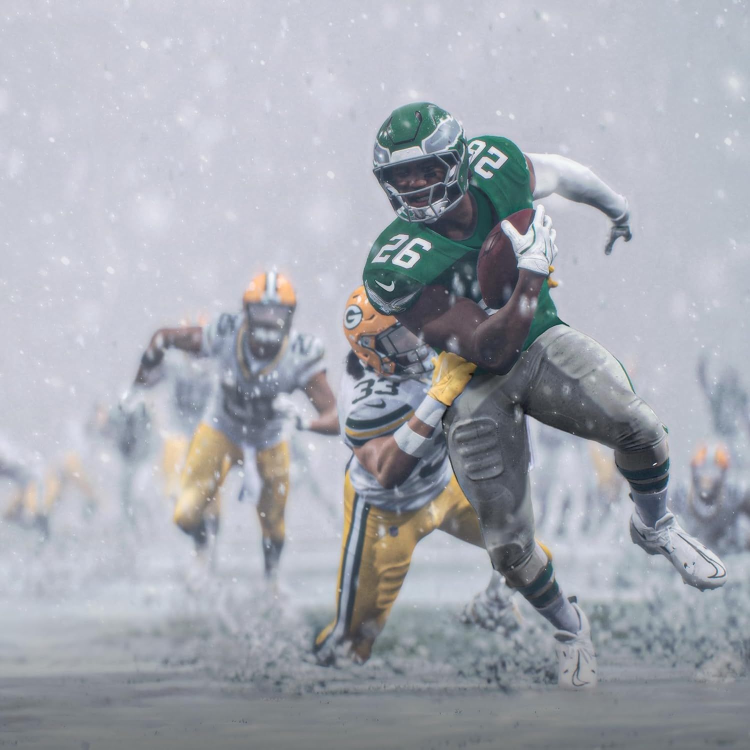 Showcases the product (football uniform/gear) in an authentic, dramatic game environment to create emotional connection and demonstrate real-world performance.