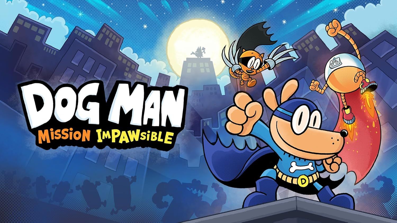 This image serves as the main product branding and title card, establishing the product identity and creating brand recognition for the Dog Man: Mission Impawsible product.