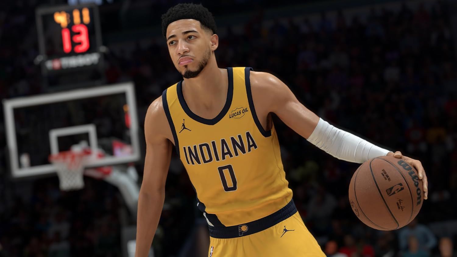 Demonstrates the realistic in-game graphics and player rendering to showcase the video game's visual quality and immersive basketball experience.
