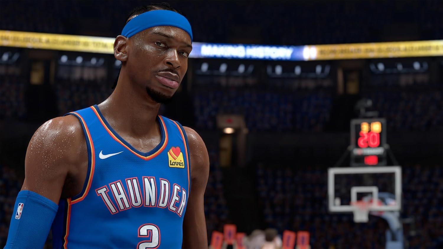 Showcases the realistic graphics and immersive gameplay experience of the basketball video game, demonstrating lifelike player models and arena atmosphere to appeal to sports gaming enthusiasts.