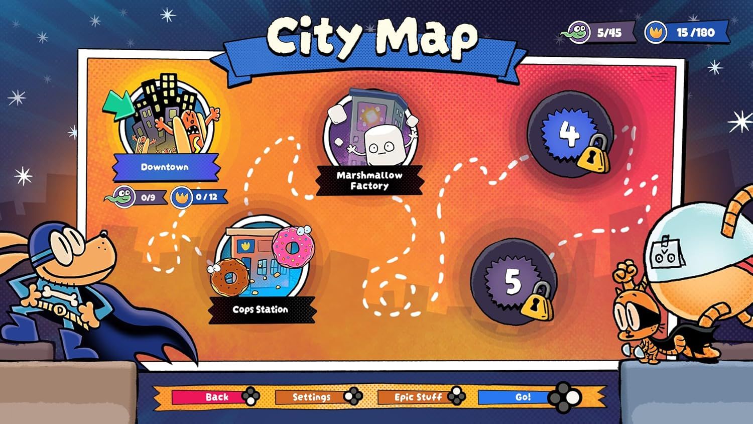 This is a screenshot from a video game showing a city map interface with various locations and progression indicators. It is not an Amazon product image.
