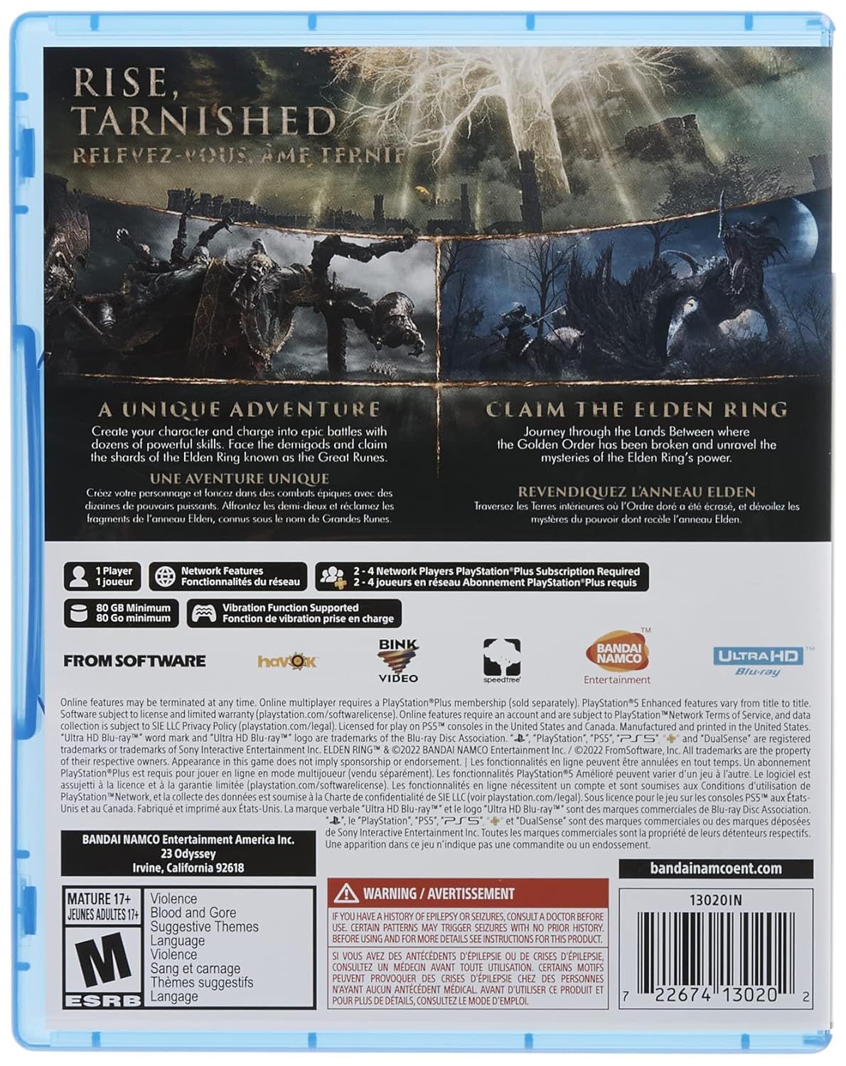 Communicates two distinct gameplay features: creating a custom character with powerful skills to face demigods, and journeying through the Lands Between to claim the Elden Ring and unravel its…