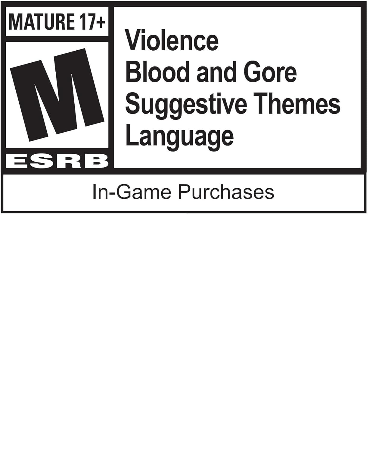 Informs shoppers about the ESRB Mature 17+ rating and specific content descriptors (violence, blood, gore, suggestive themes, language, in-game purchases) to help parents and buyers make informed…