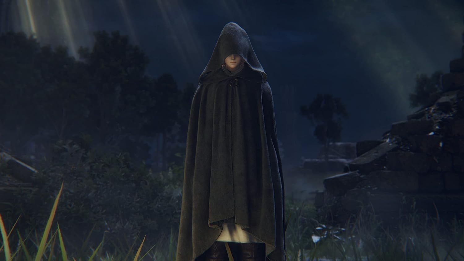 Creates an immersive, atmospheric mood to showcase the product (likely a cloak or costume) in a dramatic real-world gaming or fantasy context without any text distractions.