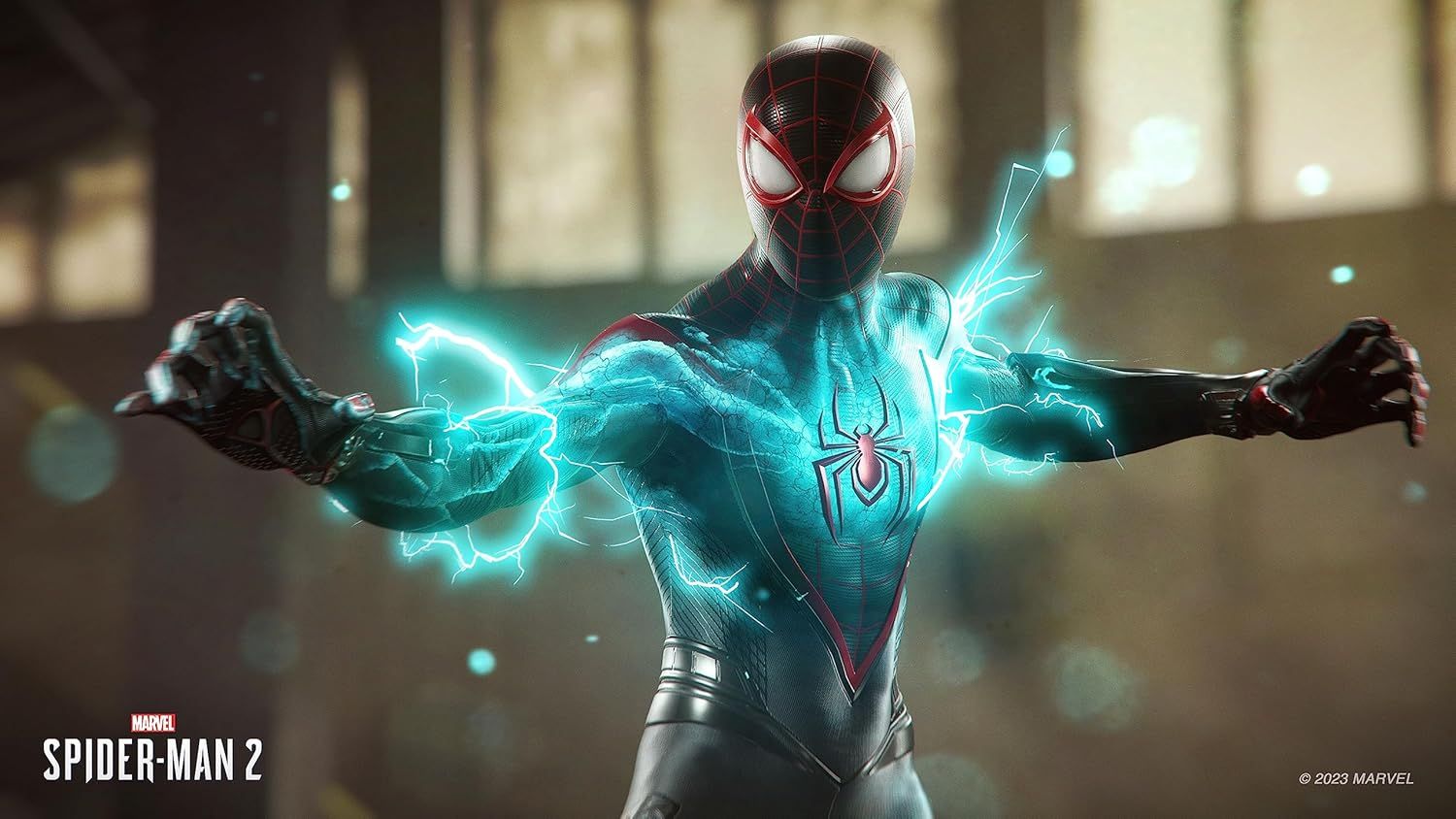 Showcases the product (Spider-Man 2 video game) in action with dramatic visual effects to attract gamers and demonstrate the game's visual quality and superhero powers.