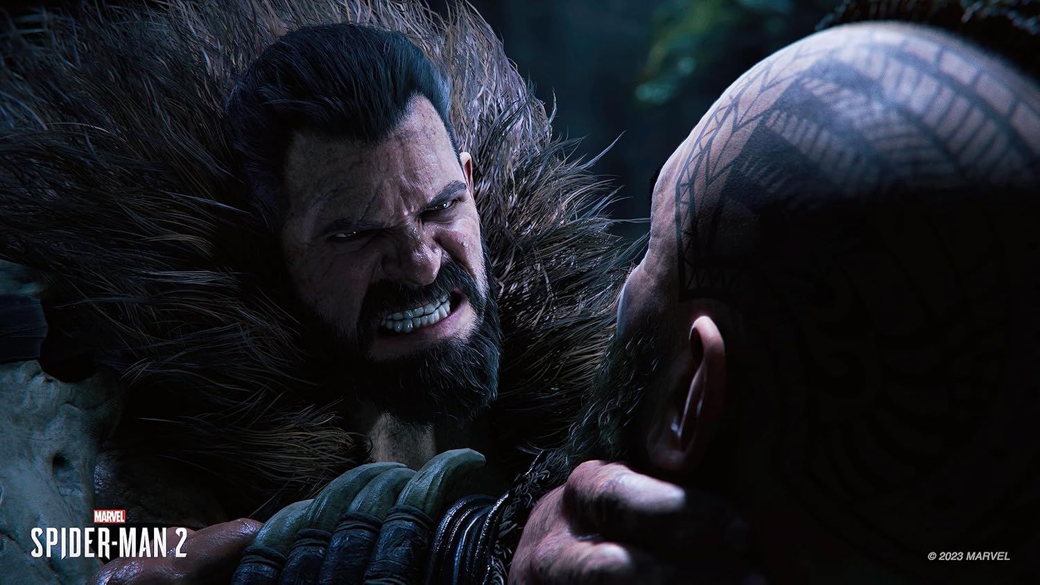 This is a video game screenshot from Marvel Spider-Man 2, showing a dramatic confrontation scene. It appears to be promotional material for the game rather than an Amazon product image.