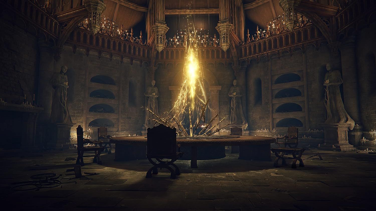 Showcases the product (video game) in its natural context, displaying the immersive gothic cathedral environment and atmospheric lighting to communicate the game's visual quality and mood without…